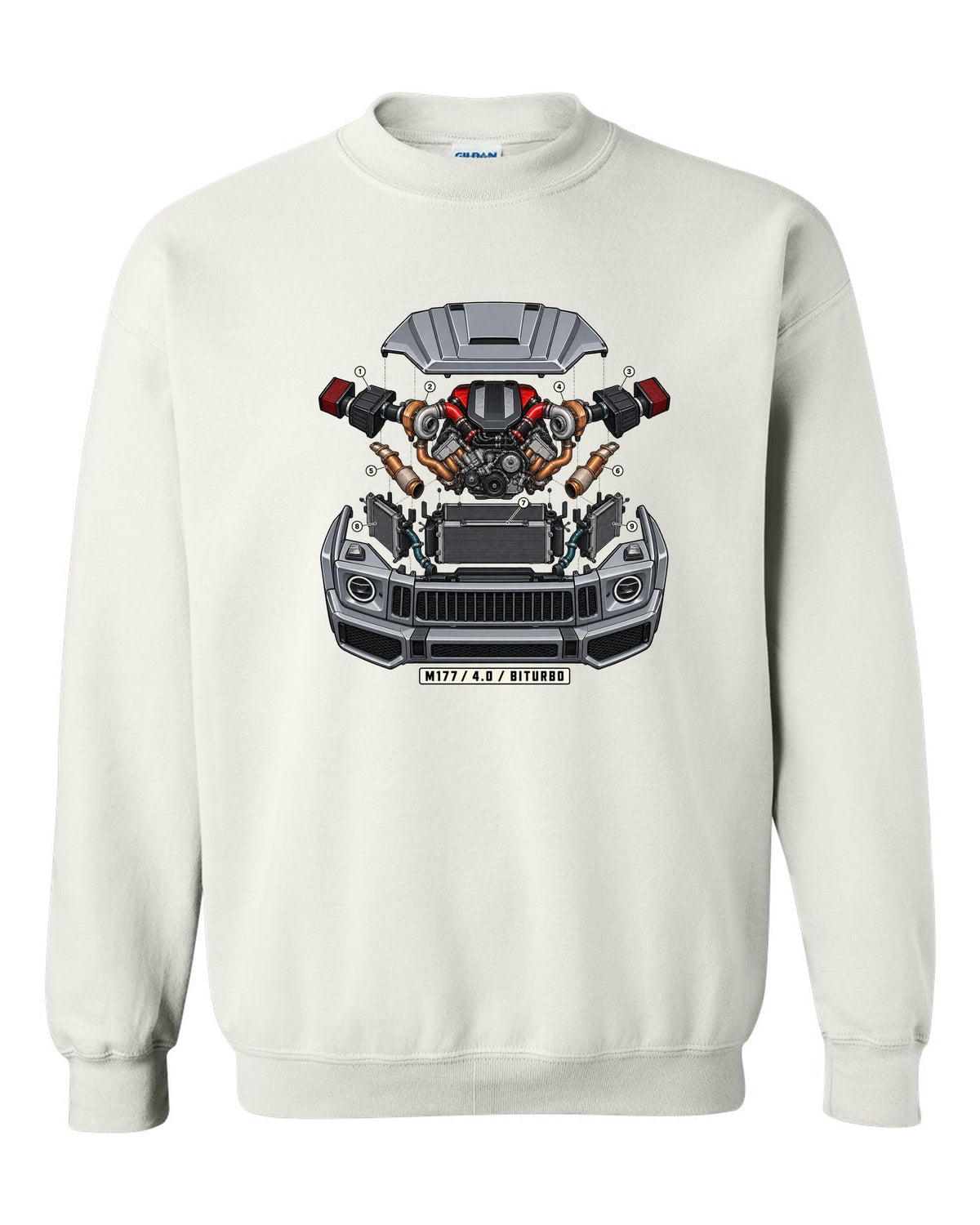 Isometric exploded engine cutaway graphic reading M177 4.0 Biturbo for the Mercedes G63 W464, print white crewneck front view with the design