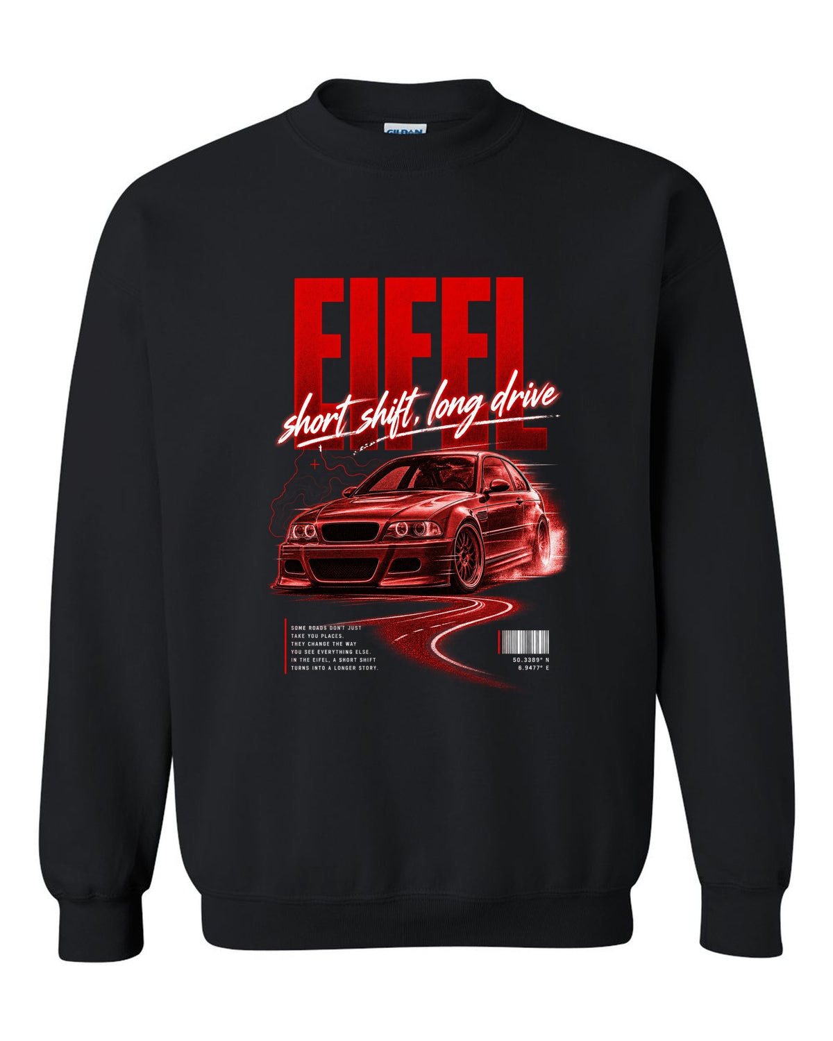 BMW E46 M3 coupe street poster print naming Eifel with short shift long drive text black crewneck front view with the design