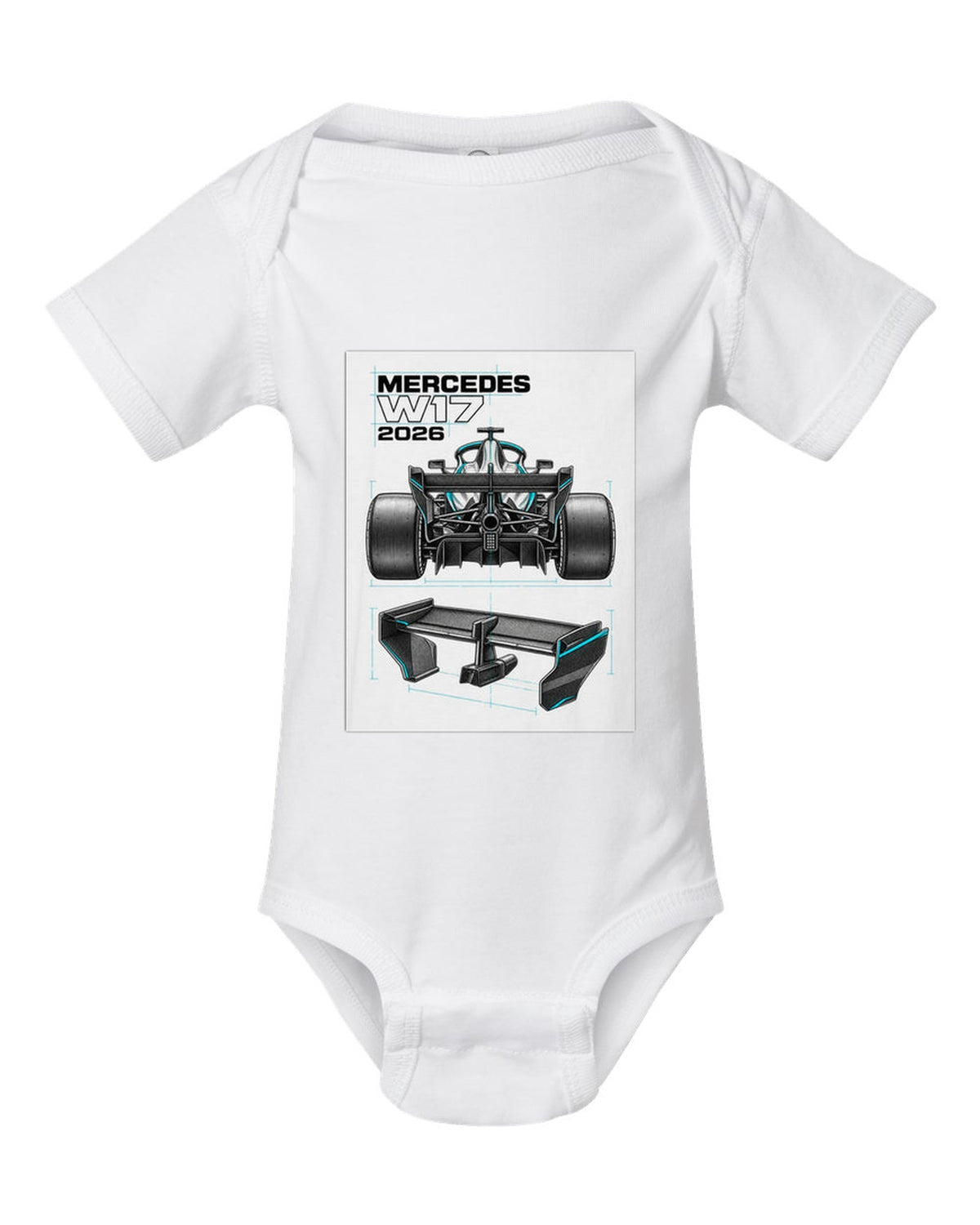Mercedes W17 2026 F1 car technical poster artwork white baby onesie front view with the design