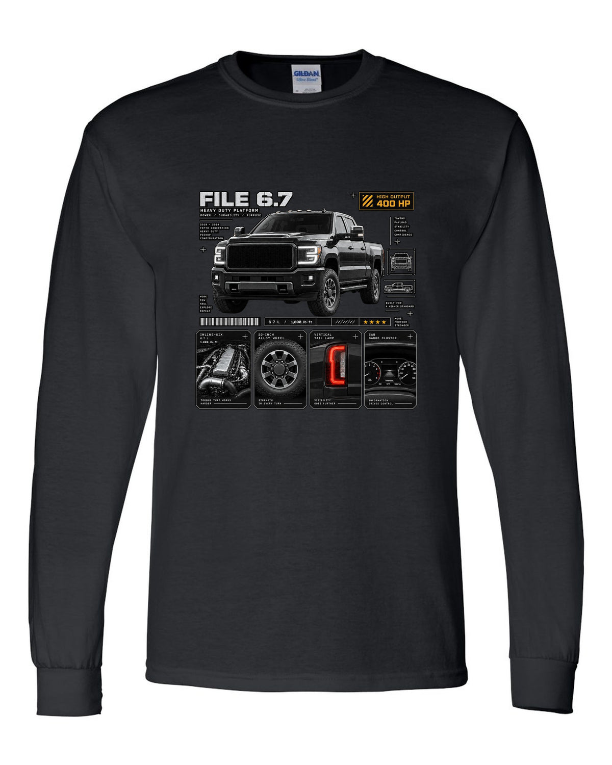 Dossier print of a 2019-24 Ram HD 2500 5th gen in a three-quarter front view black long sleeve front view with the design