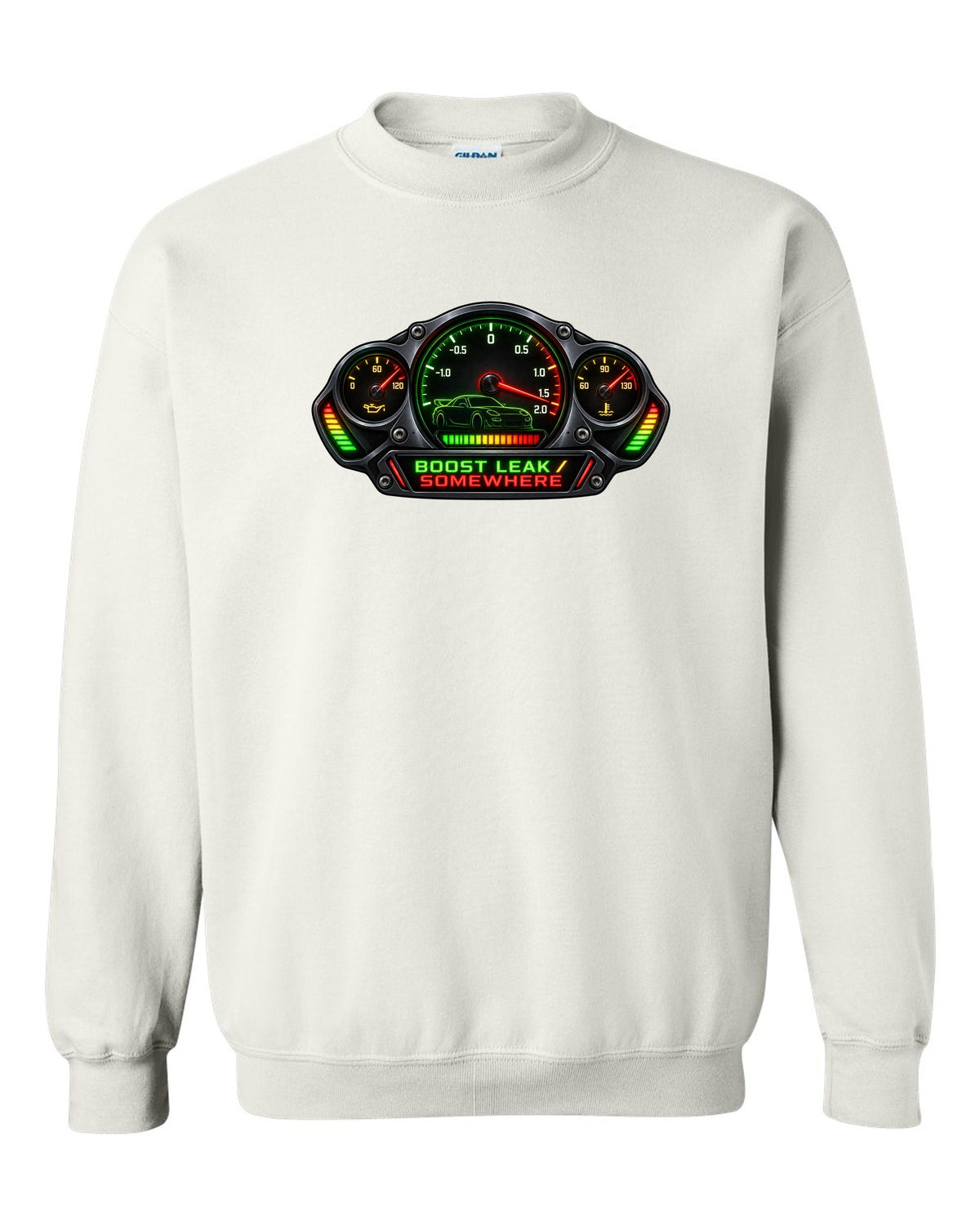 Sticker-bomb collage print of a Mazda RX-7 FD3S with text 5-Lug, 17 Inch, Bronze white crewneck front view with the design