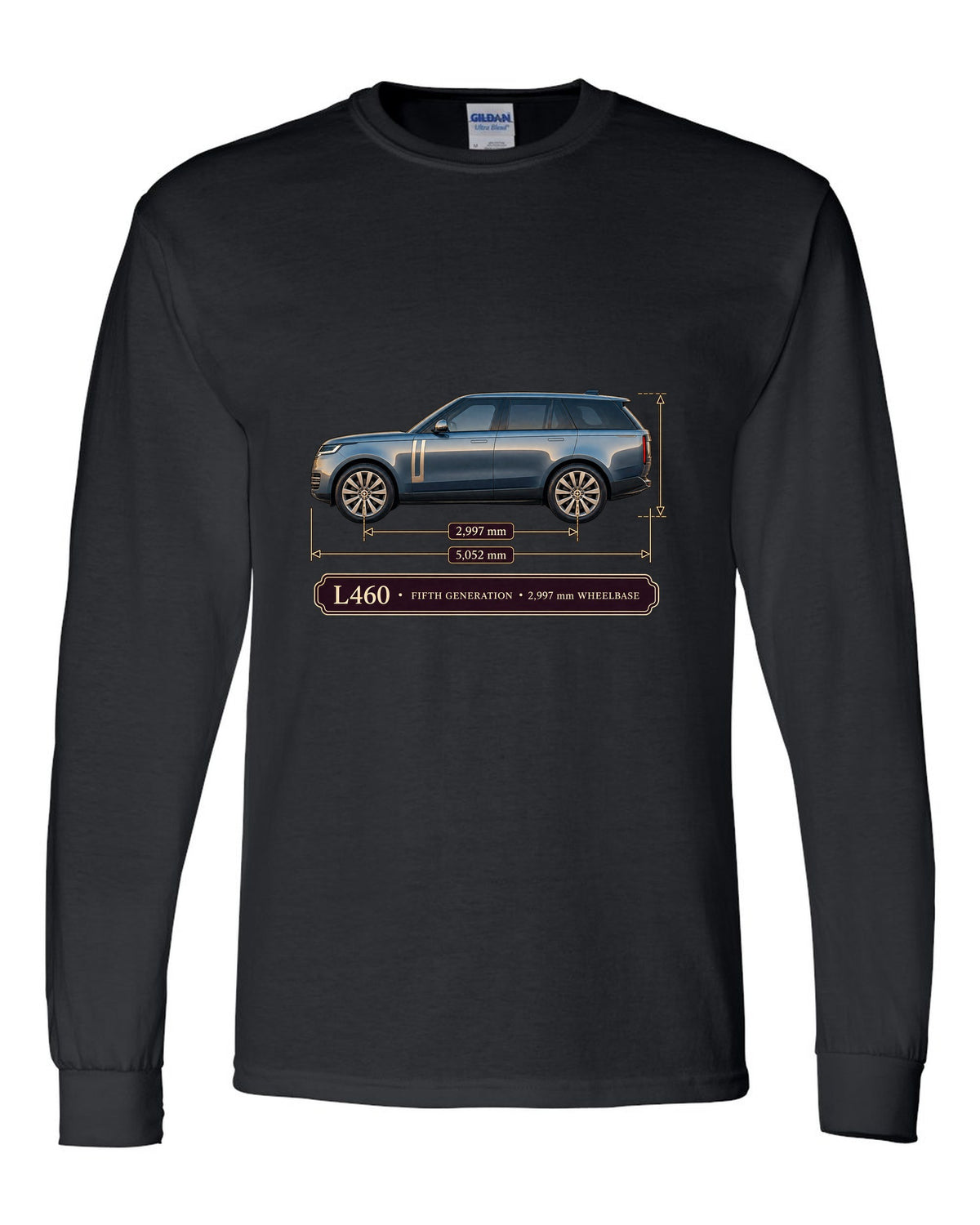 Dimension blueprint print of the Range Rover L460 fifth generation with wheelbase black long sleeve front view with the design