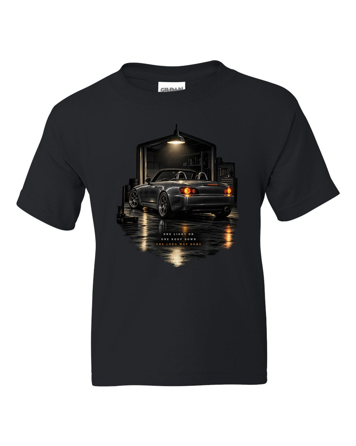 Honda S2000 AP1 roadster garage night design with roof down long way home text black kids tee front view with the design