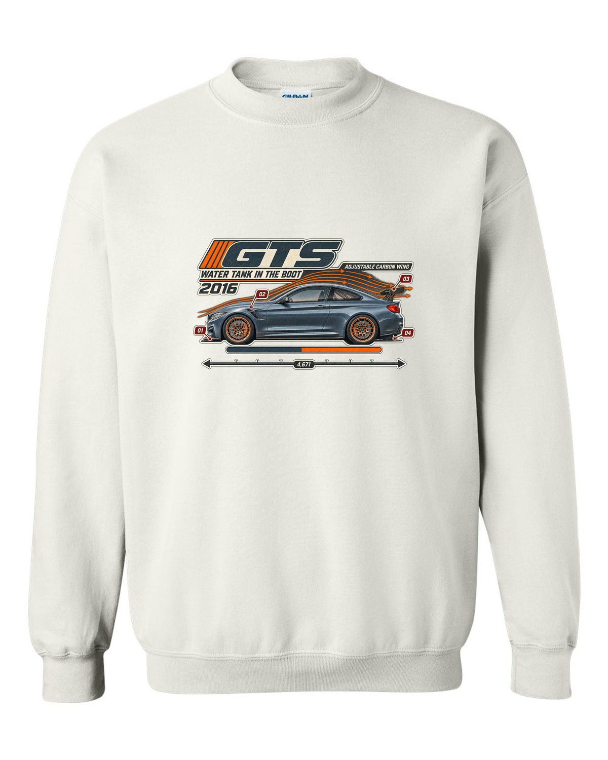 BMW M4 GTS F82 aero cutaway with callouts print white crewneck front view with the design