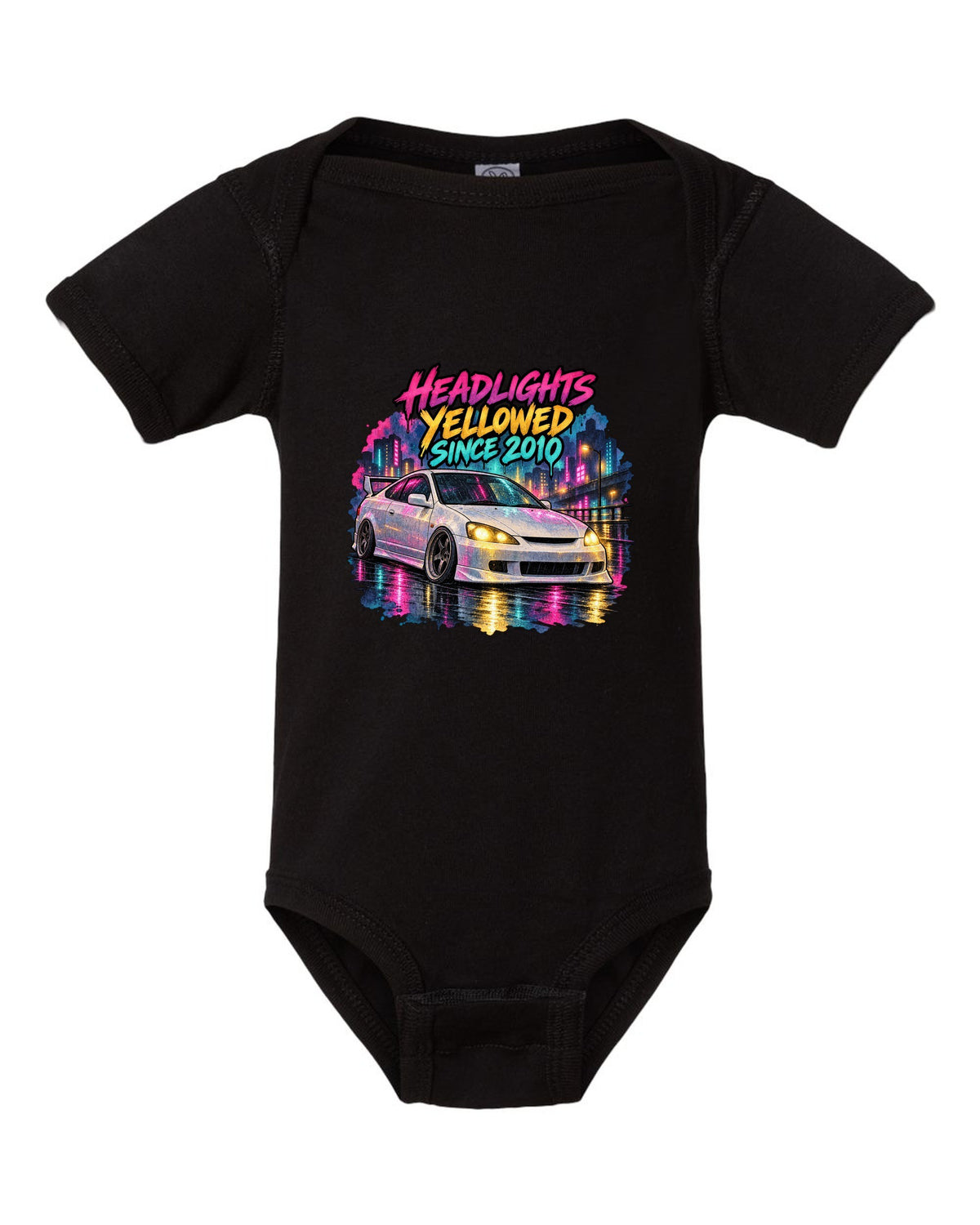 Sticker bomb collage print of a 1995 Honda Integra DC2 coupe with Teg is not an ITR text black baby onesie front view with the design