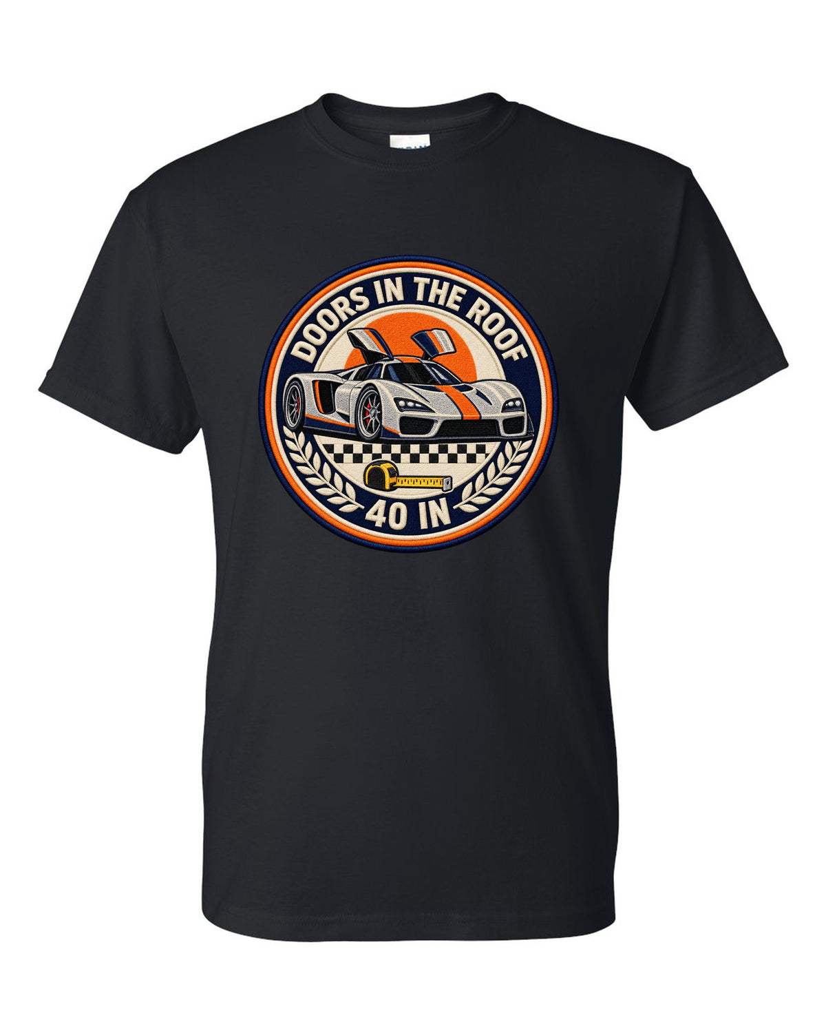 Round crest design for the Ford GT40 Mk II with doors in the roof lettering black t-shirt front view with the design