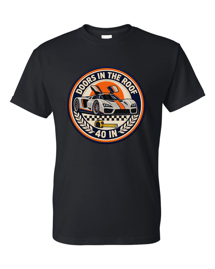 Round crest design for the Ford GT40 Mk II with doors in the roof lettering black t-shirt front view with the design