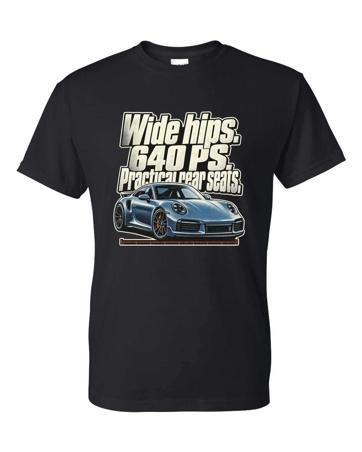 Halftone print of a Porsche 911 Turbo S 992 coupe with a three-line statement black t-shirt front view with the design