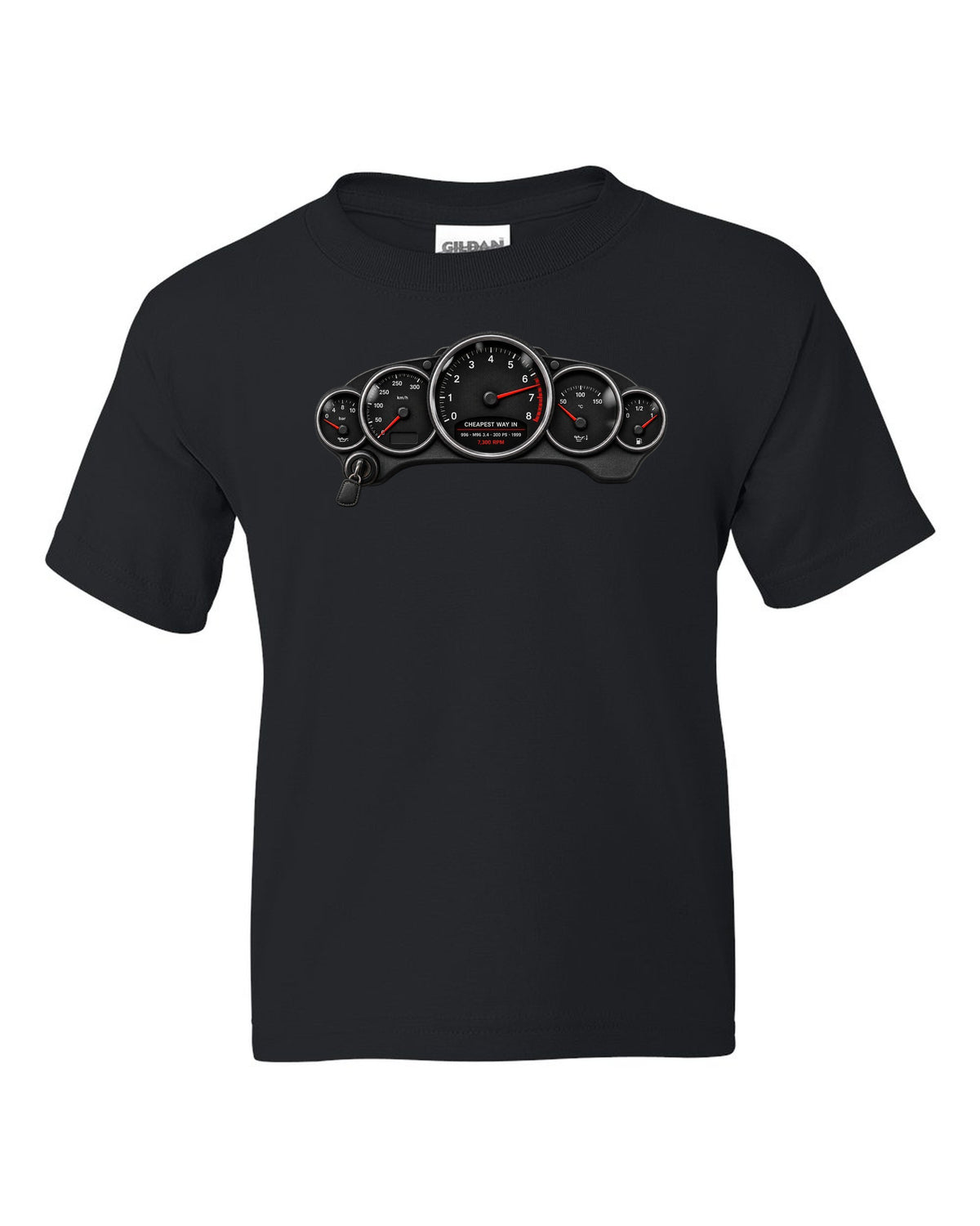 Cockpit gauge print of a Porsche 911 Carrera (996) with the caption Cheapest Way In and 7,300 rpm black kids tee front view with the design