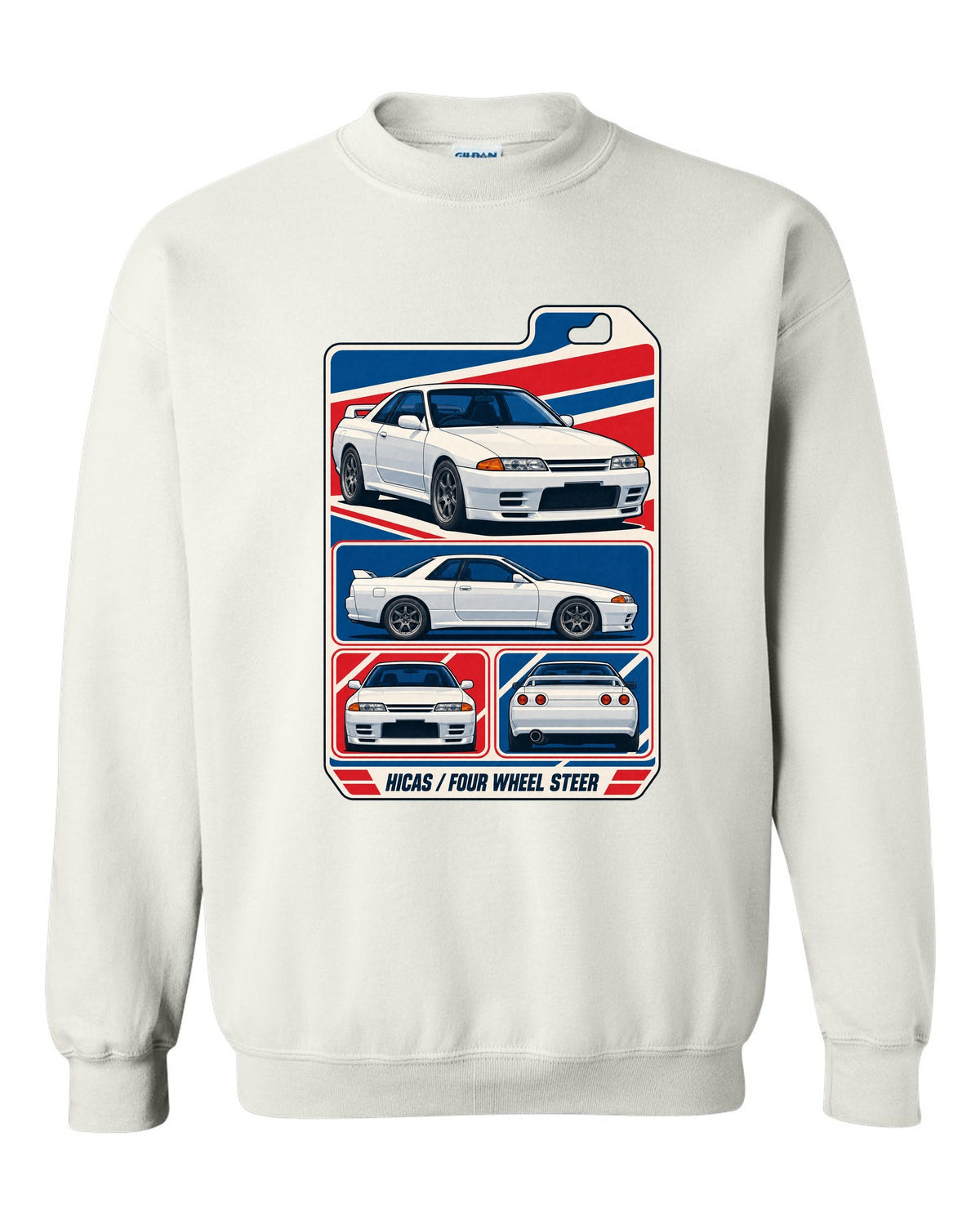 Varsity shield crest print for the Nissan Skyline GT-R R34 reading Allegedly 280 PS, Sure white crewneck front view with the design