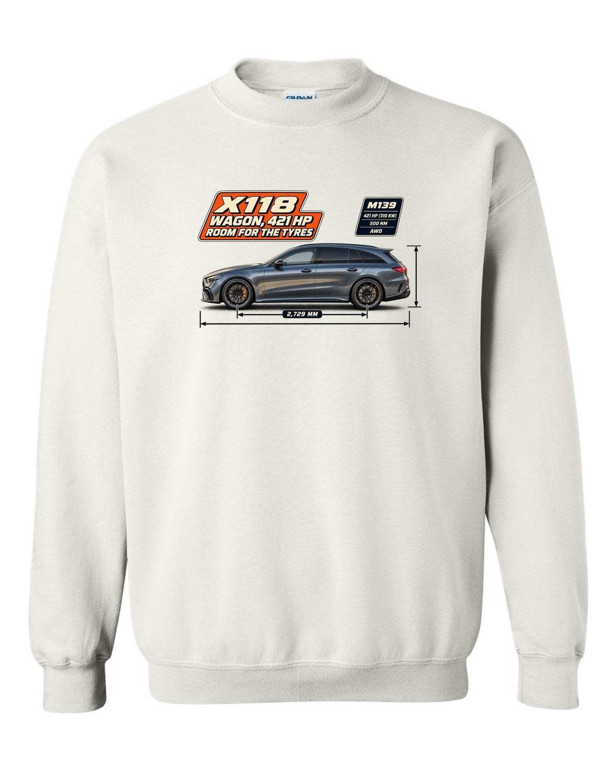 Mercedes-AMG CLA 45 S Shooting Brake X118 wagon spec poster print white crewneck front view with the design