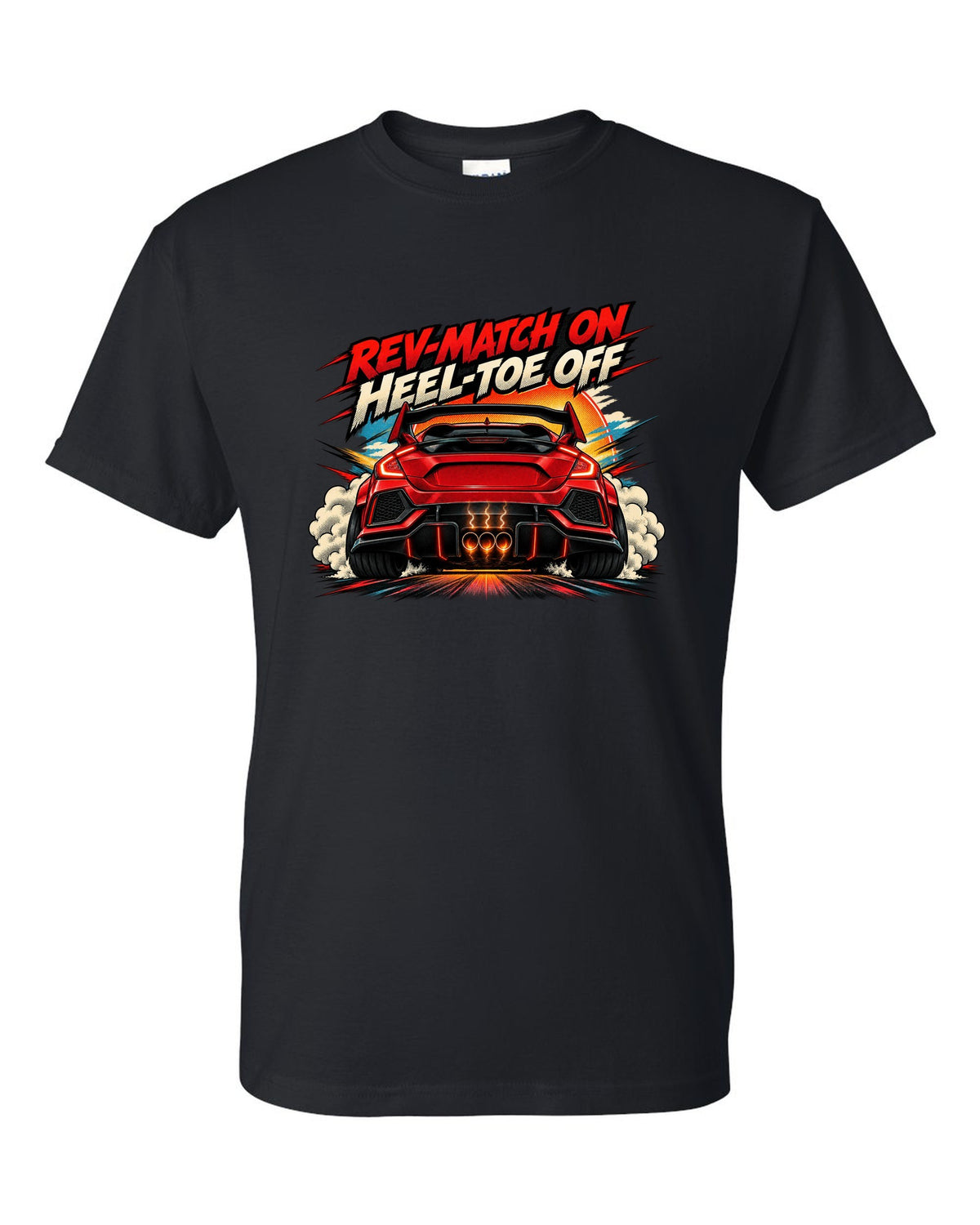 Halftone comic style Honda Civic Type R FK8 print with rev-match joke black t-shirt front view with the design