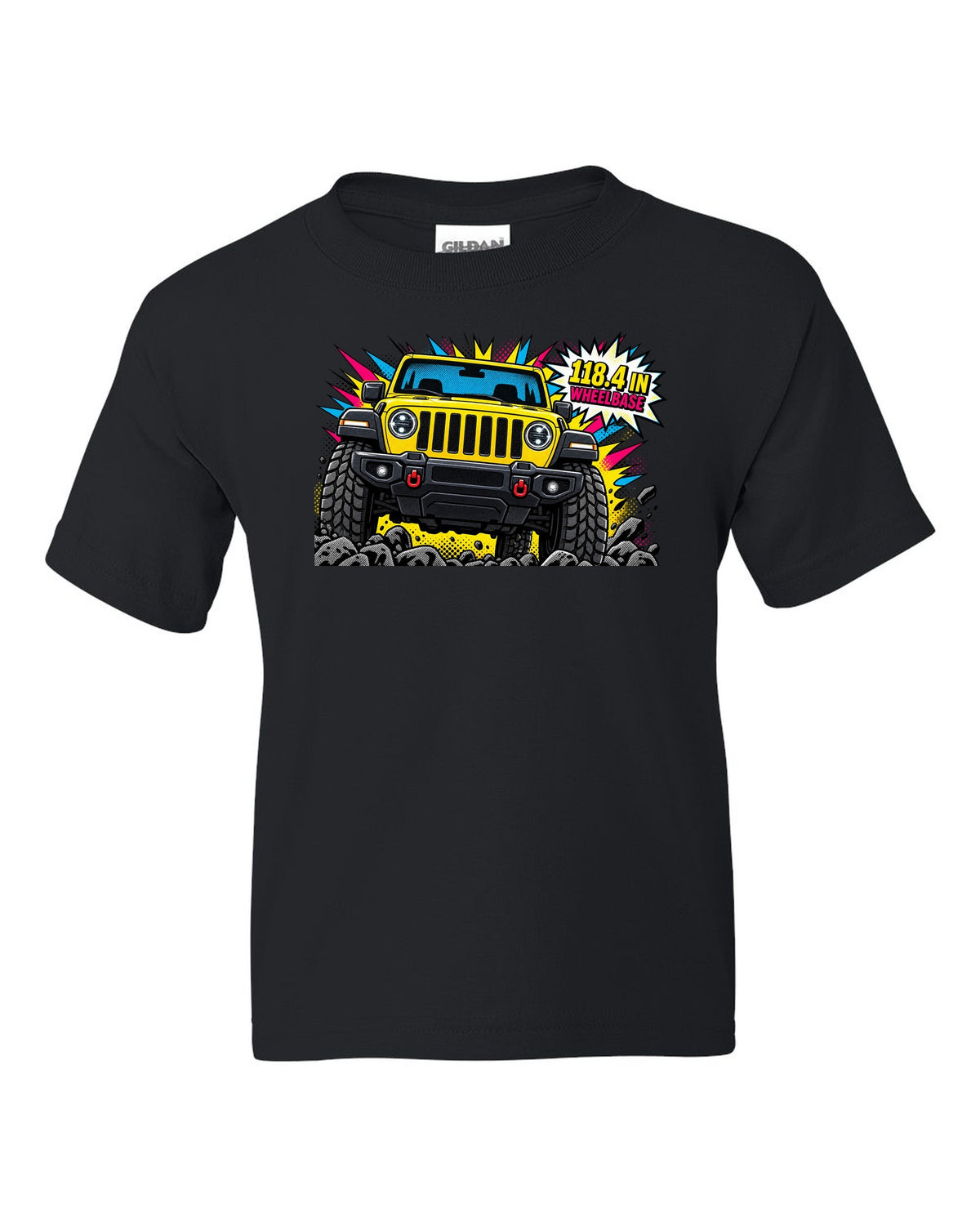 Jeep Wrangler JLU grille and headlight comic halftone pop art with 118.4 in wheelbase text black kids tee front view with the design