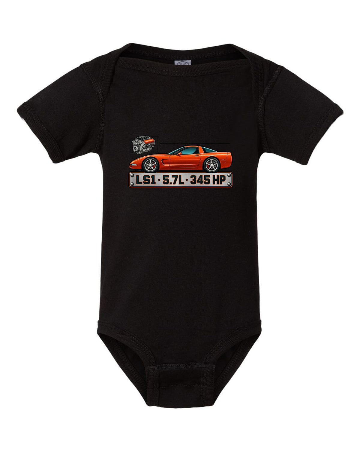 Spec-sheet style print of a 1997 Chevrolet Corvette C5 coupe with LS1 5.7L 345 HP lettering black baby onesie front view with the design