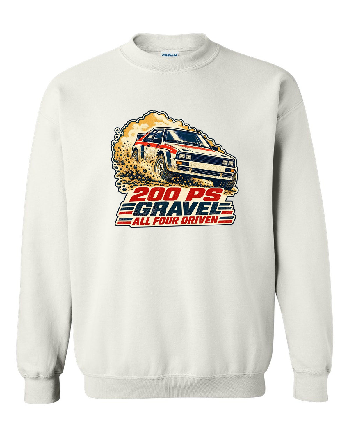Vintage rally poster screenprint print of an Audi Ur-Quattro Type 85 on gravel white crewneck front view with the design