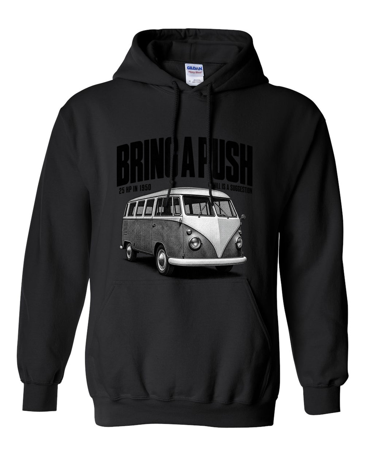 Halftone print of a VW T1 split-window microbus with bring a push text black pull over hoodie front view with the design
