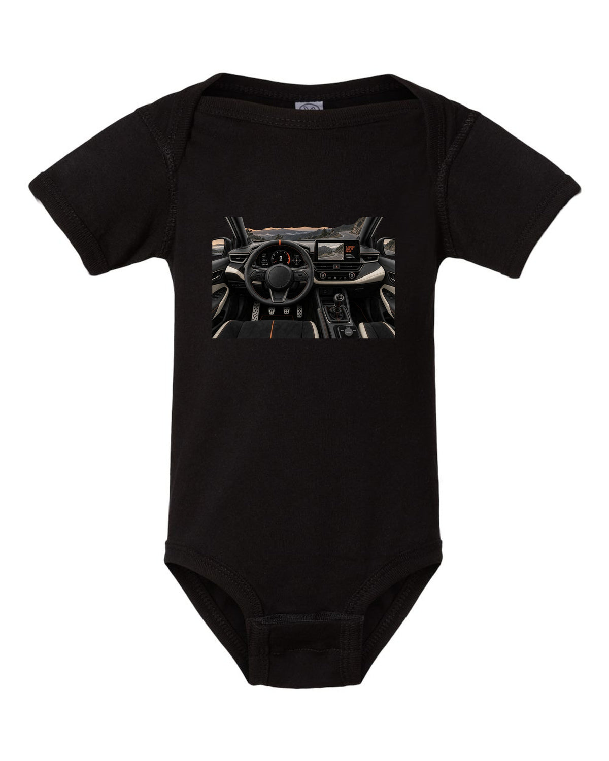 Toyota GR Corolla Morizo Edition at night on a touge-style road with spec text black baby onesie front view with the design