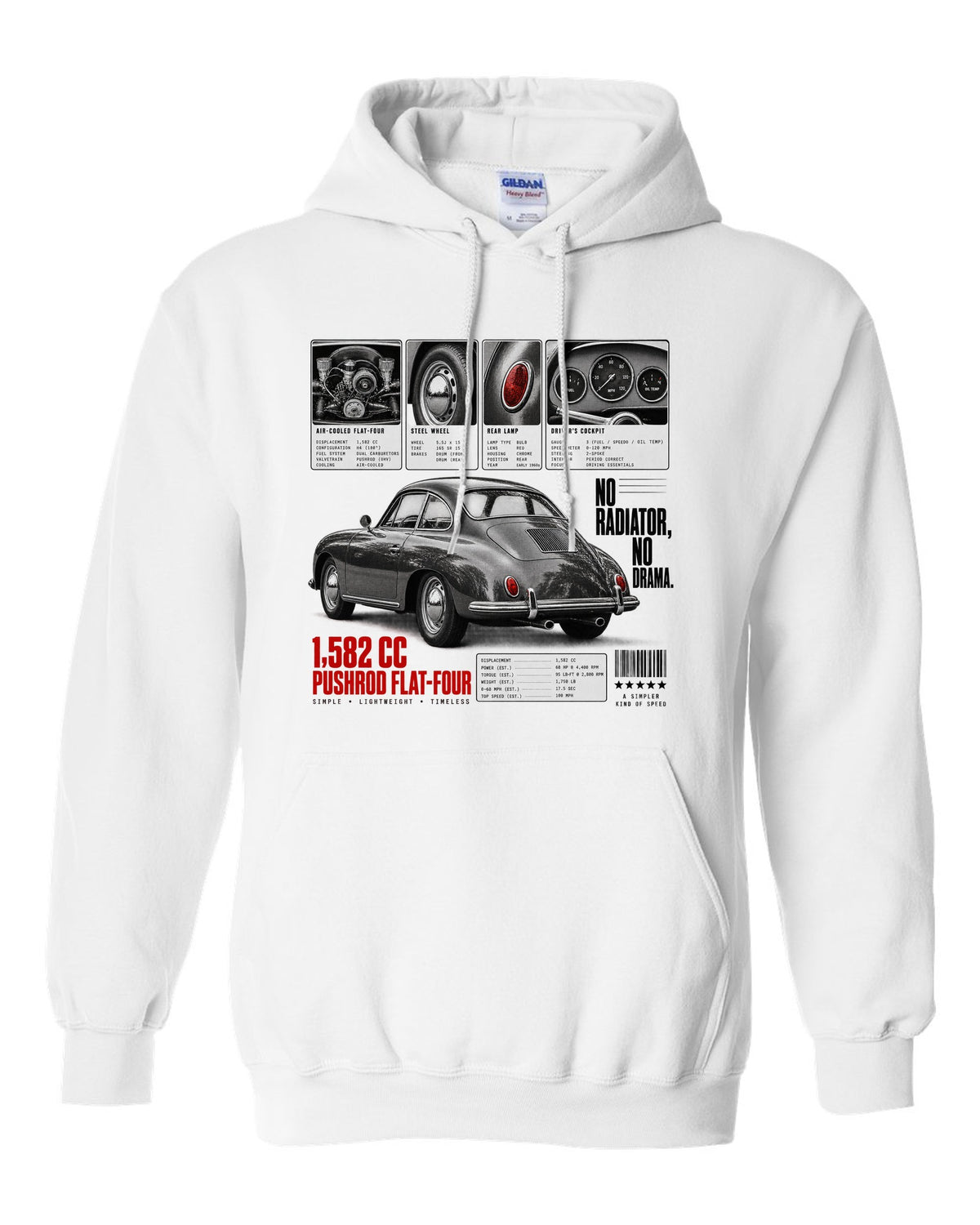 Dossier panel print of a Porsche 356 B coupe with 1,582 cc flat-four and no radiator text white pull over hoodie front view with the design
