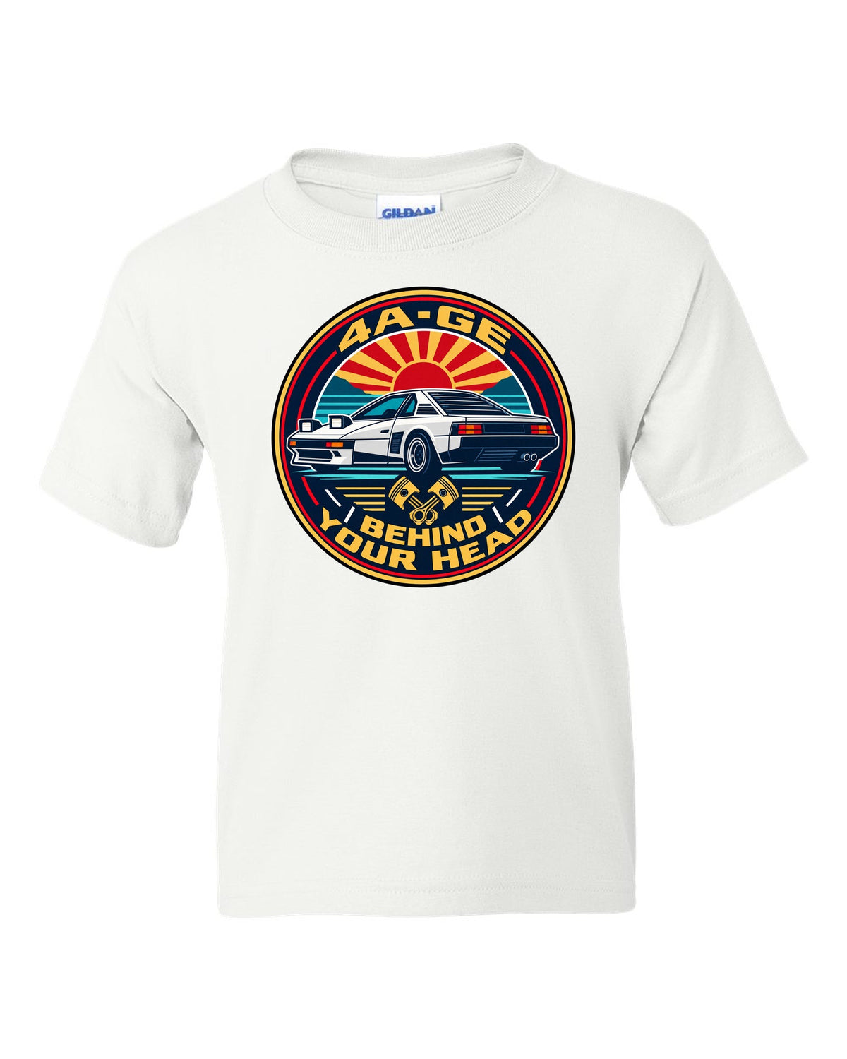 Round crest print of a Toyota MR2 AW11 with 4A-GE text white kids tee front view with the design