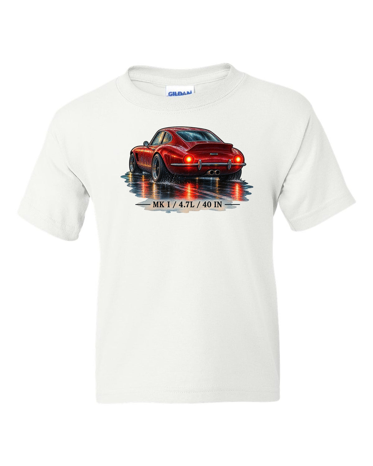 Watercolour of a Ford GT40 Mk I on a wet night road with 4.7L lettering white kids tee front view with the design