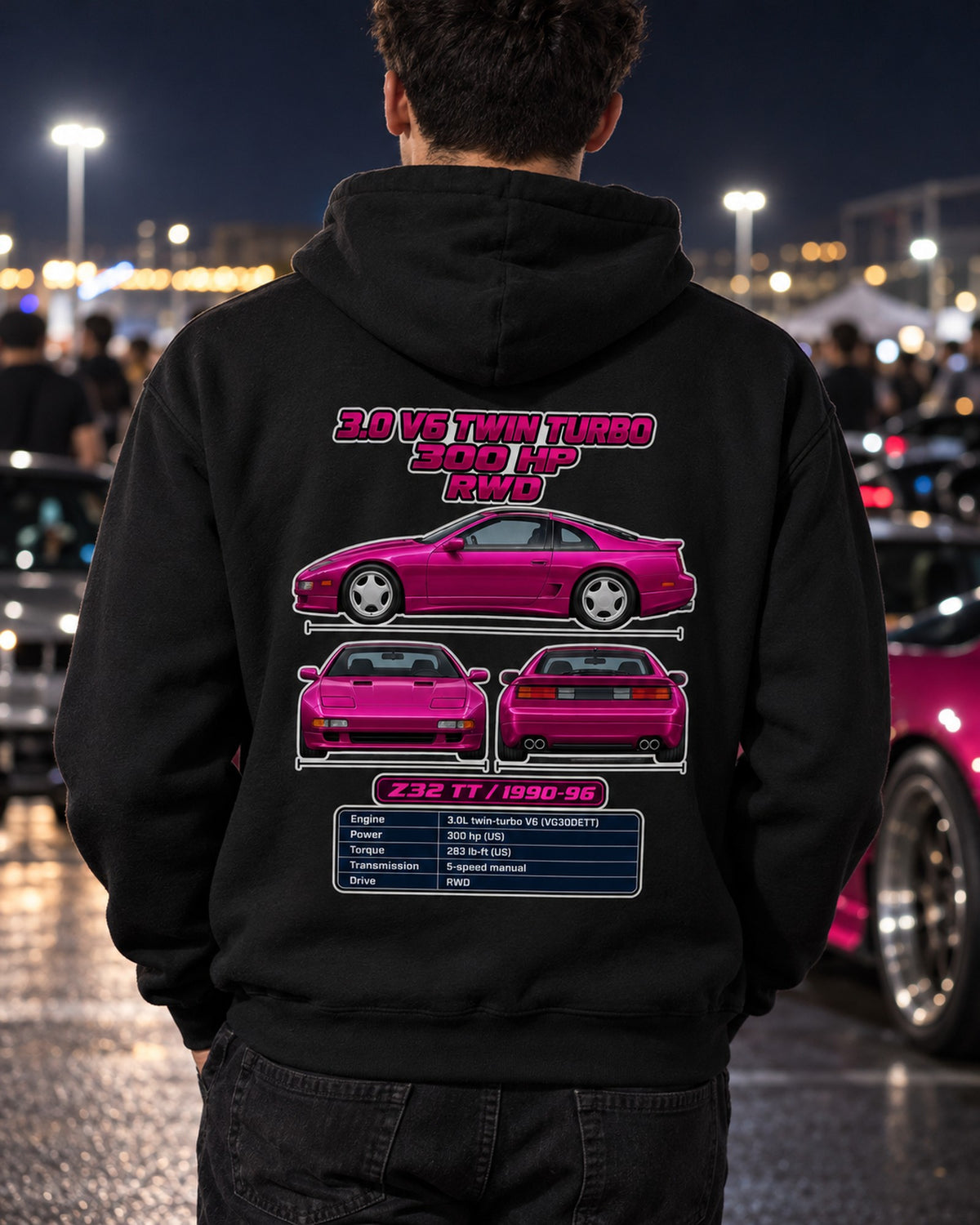 Nissan 300Zx Twin Turbo Z32 Spec Sheet Full-Back Graphic Tee Pull Over Hoodie Black worn hero