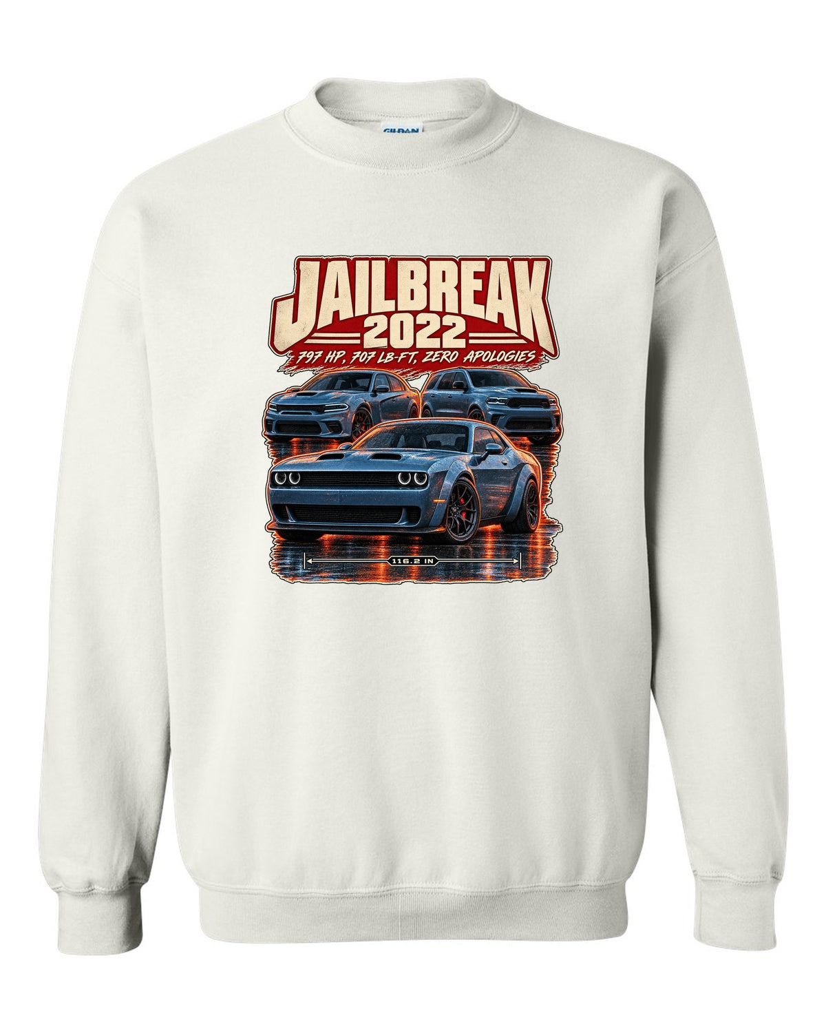 Dodge Challenger Hellcat Redeye Jailbreak 2022 street poster print white crewneck front view with the design