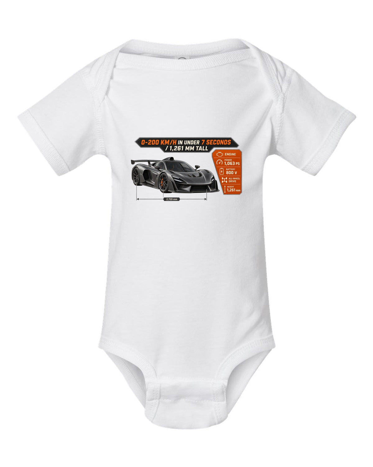 Mercedes-AMG One spec poster design with acceleration and height figures white baby onesie front view with the design