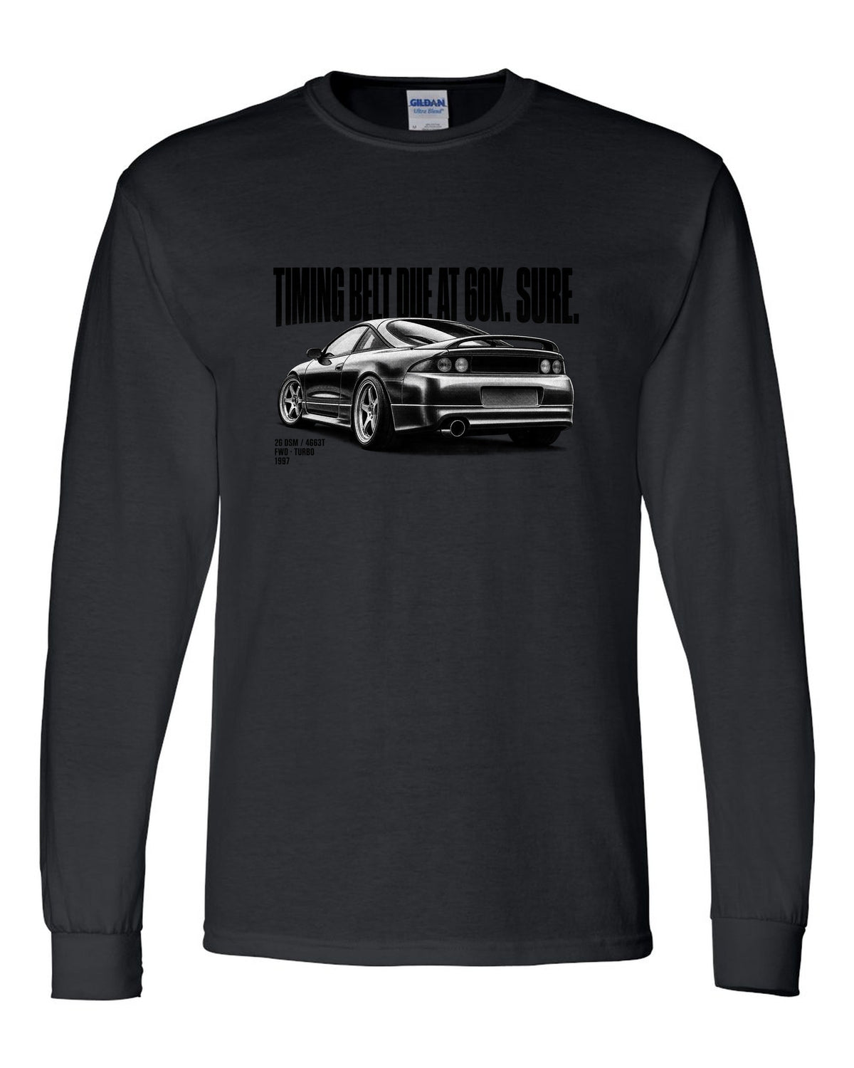 Mitsubishi Eclipse GS-T 2G DSM halftone print with timing belt joke and 4G63T text black long sleeve front view with the design