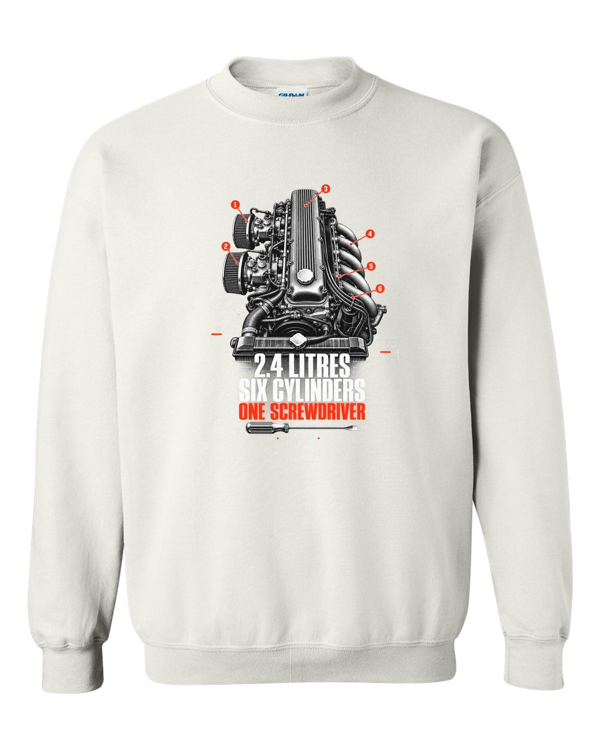 print of a Datsun 240Z L24 engine bay with six cylinders and screwdriver lettering white crewneck front view with the design