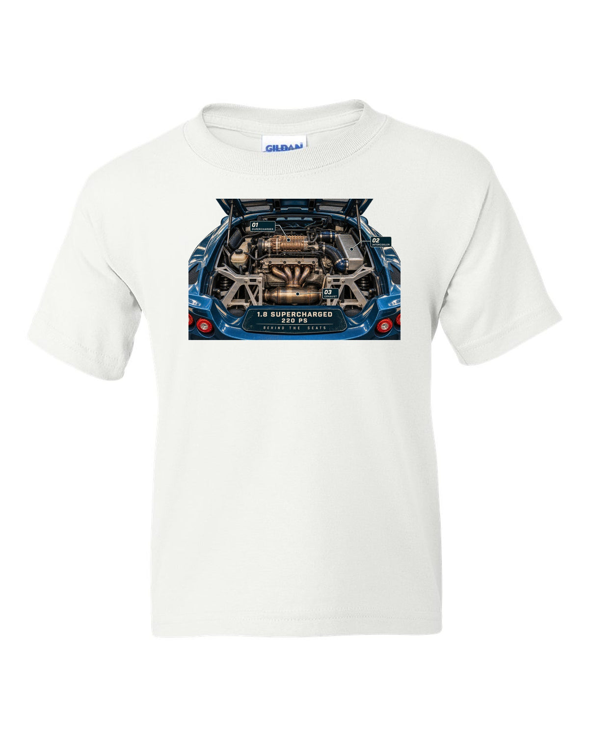 Lotus Exige S 2004 to 2011 supercharged four engine bay print with 1.8 supercharged 220 PS text white kids tee front view with the design