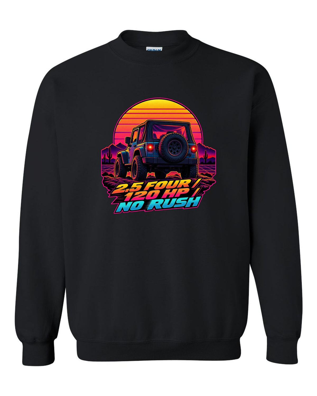 Synthwave sunset illustration of a Jeep Wrangler TJ tailgate with 2.5 FOUR 120 HP NO RUSH lettering black crewneck front view with the design