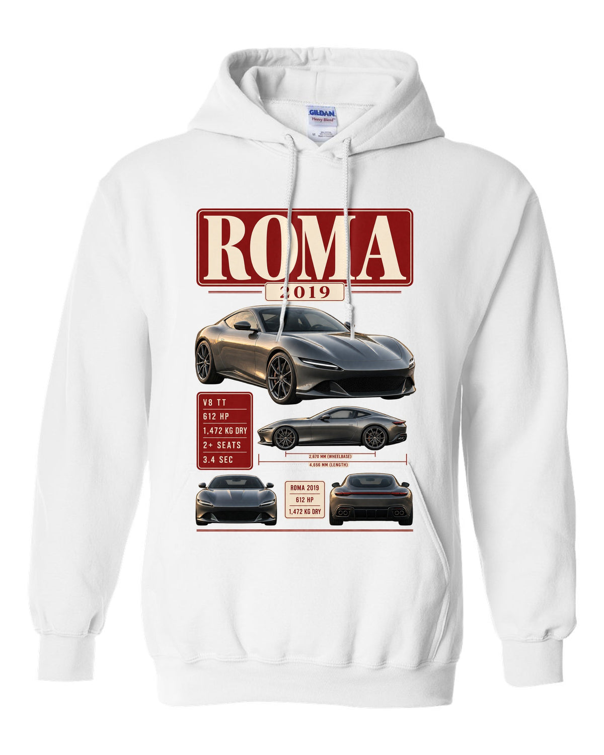Archive panel print of the Ferrari Roma with 2019 spec text white pull over hoodie front view with the design