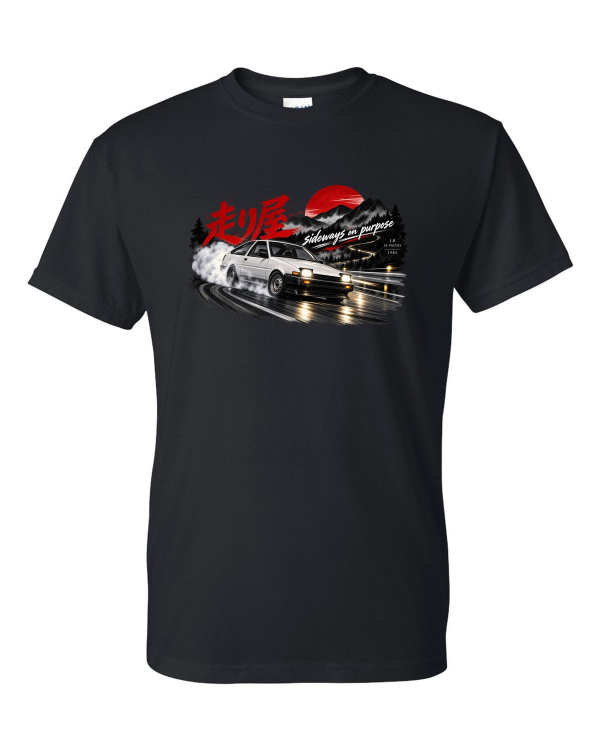 VW Golf Mk2 16V front three-quarter sliding at night with touge kanji black t-shirt front view with the design