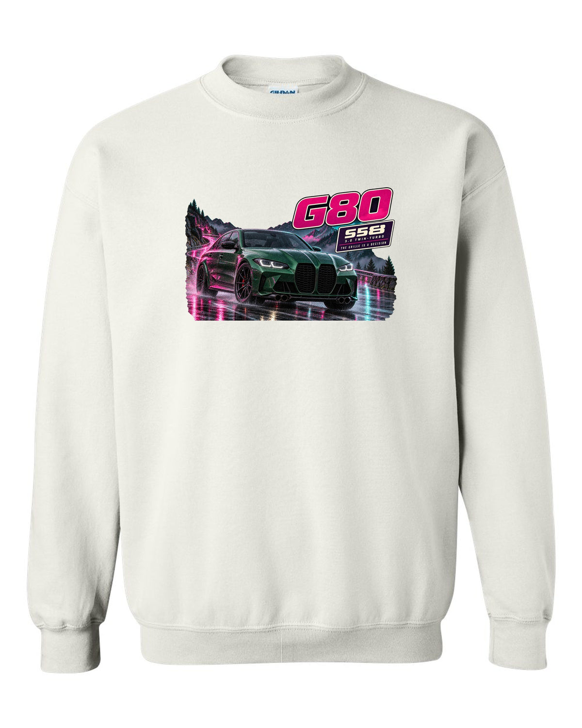 Touge night street print of an Isle of Man green BMW M3 Competition G80 white crewneck front view with the design