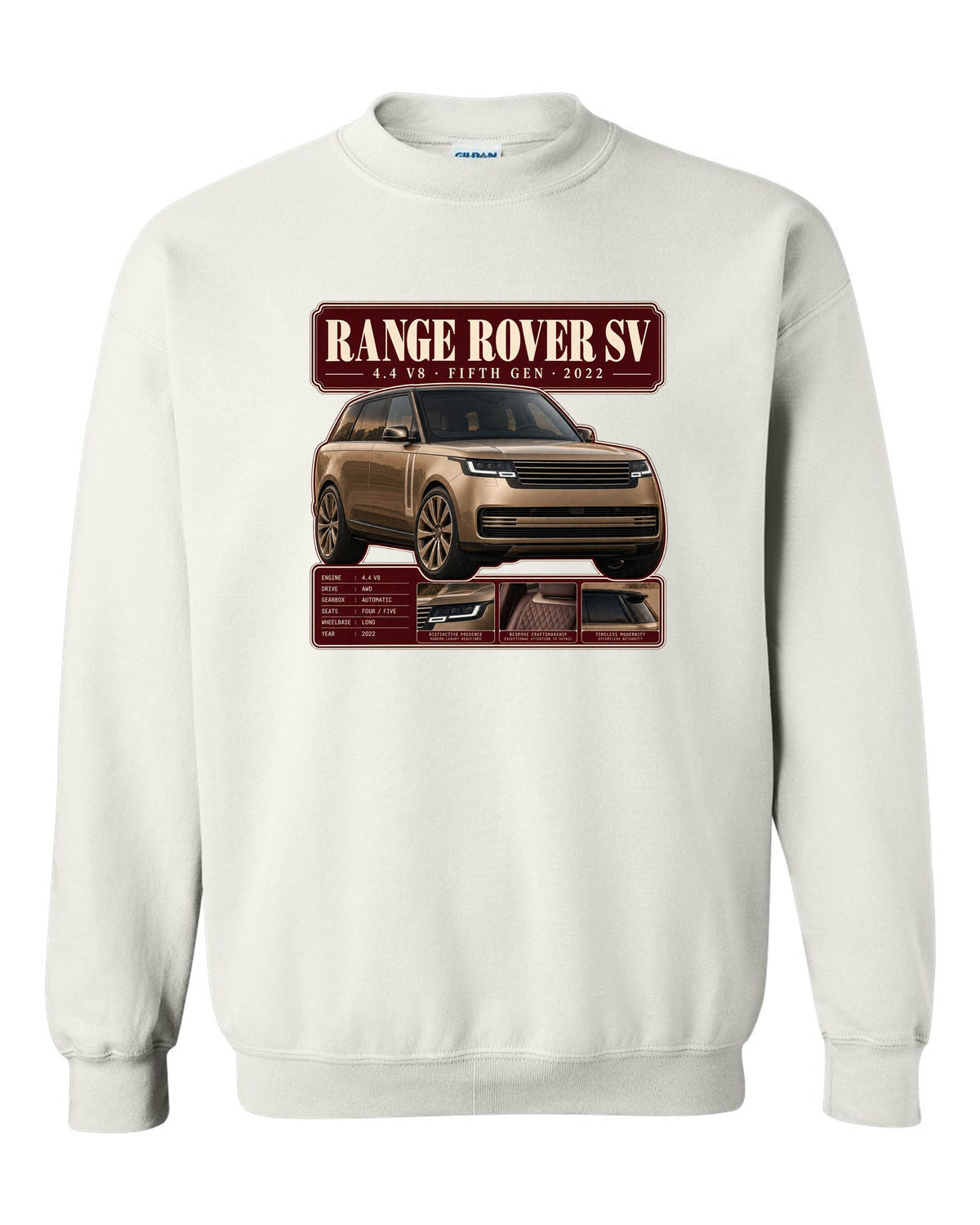 Archive panel print of the Range Rover SV L460 with 4.4 V8 and fifth generation white crewneck front view with the design