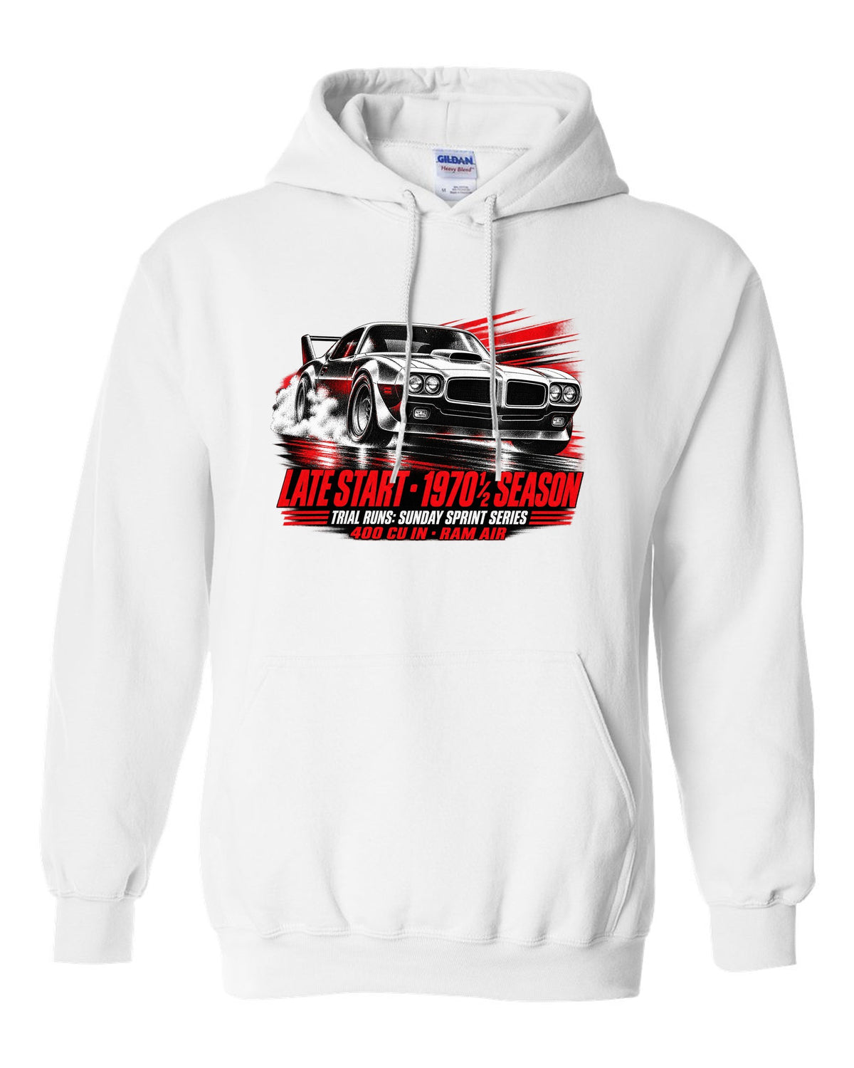 1970 1/2 Pontiac Firebird Trans Am race poster print with Ram Air text white pull over hoodie front view with the design
