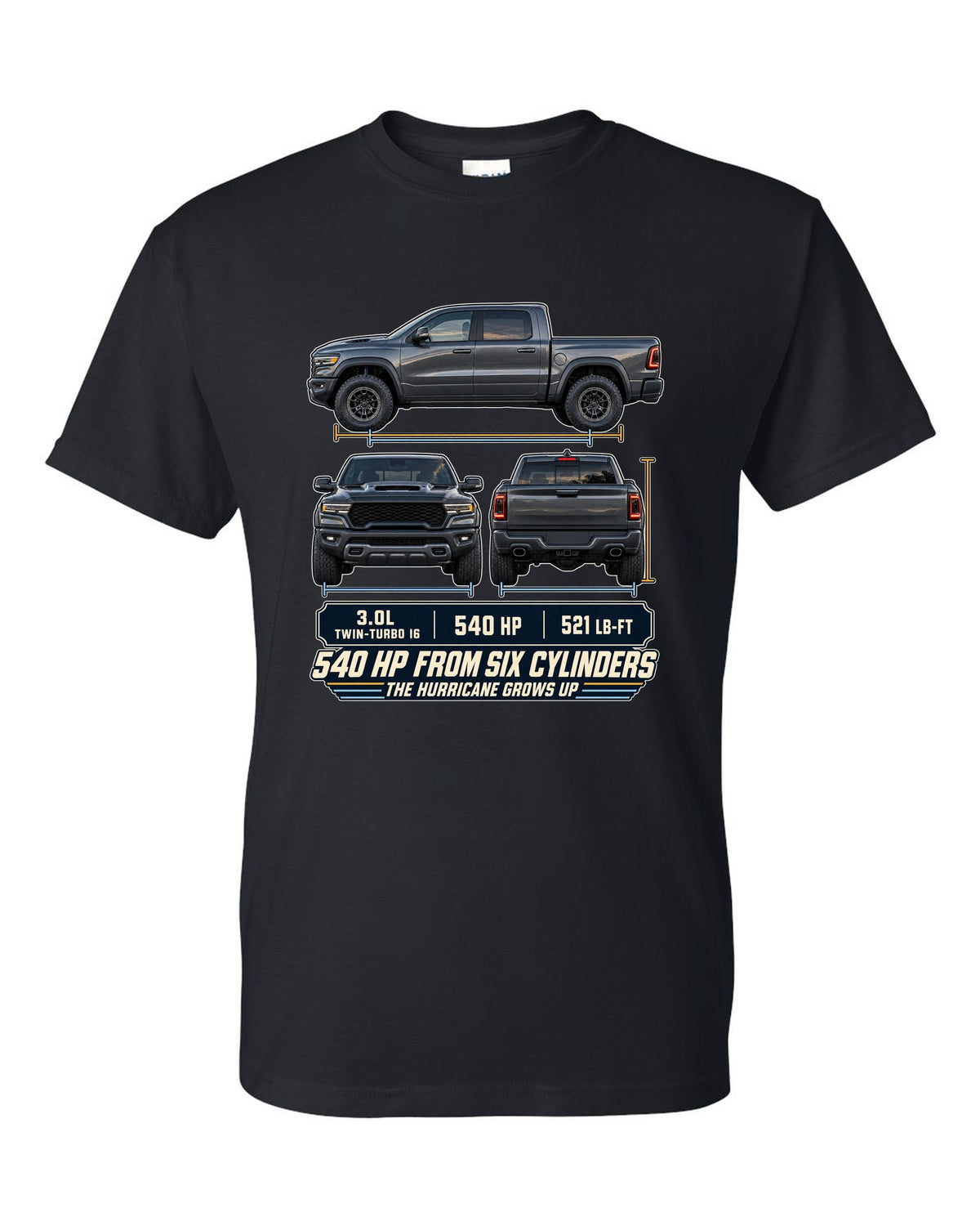 Ram 1500 RHO 2025 three-view drawing with spec table print black t-shirt front view with the design