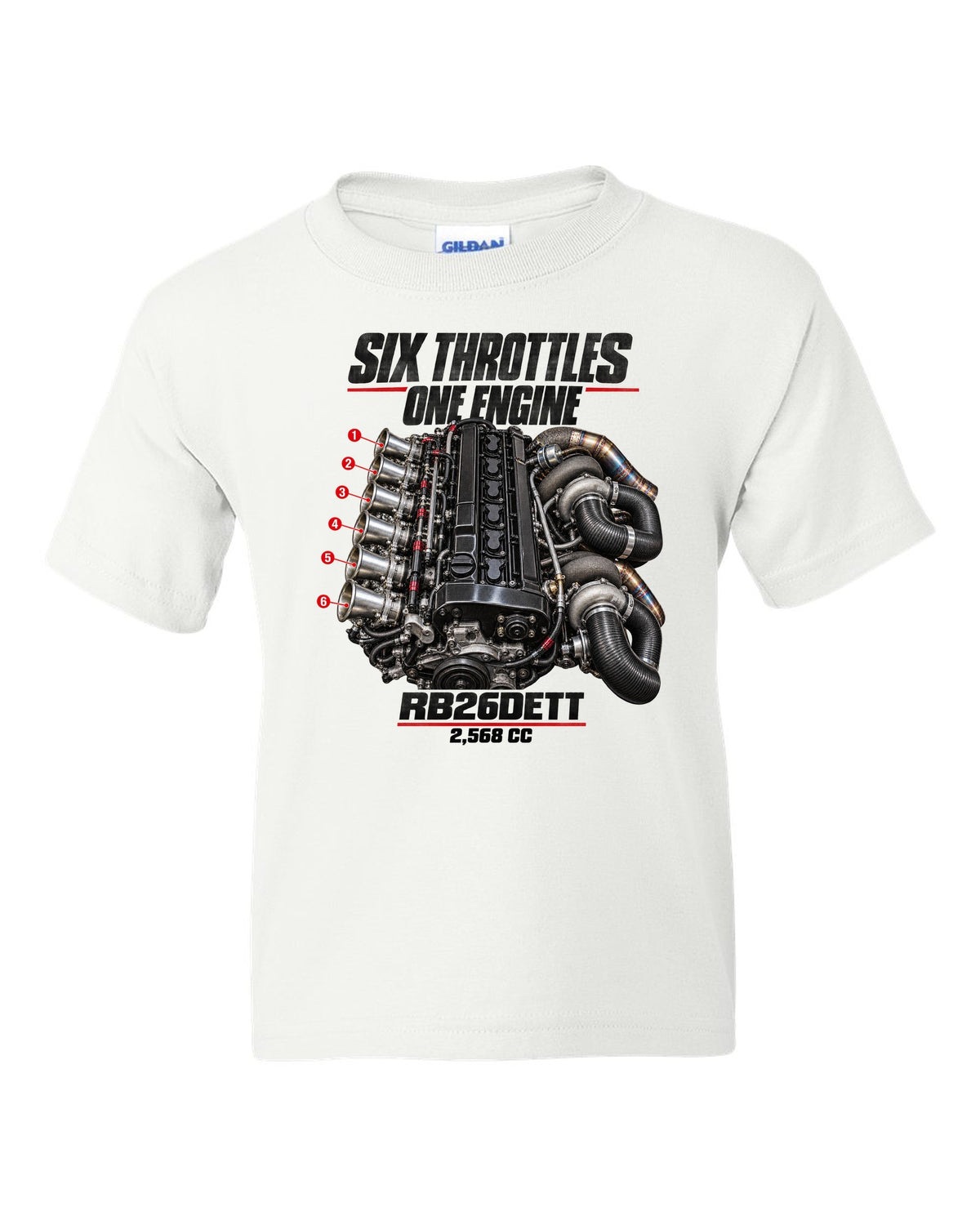 print of the RB26DETT six-throttle engine from the Nissan Skyline GT-R R32 white kids tee front view with the design