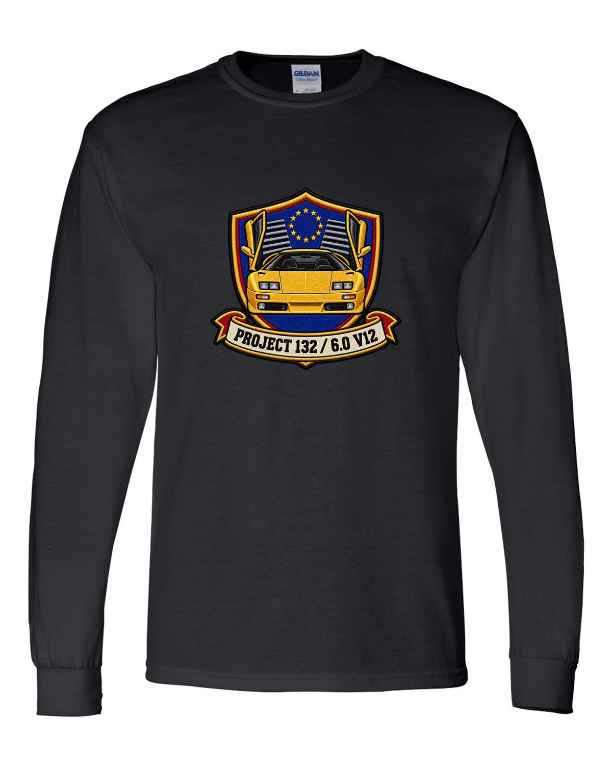 Varsity embroidery crest for a 2000 Lamborghini Diablo VT 6.0 reading Project 132 and 6.0 V12 black long sleeve front view with the design