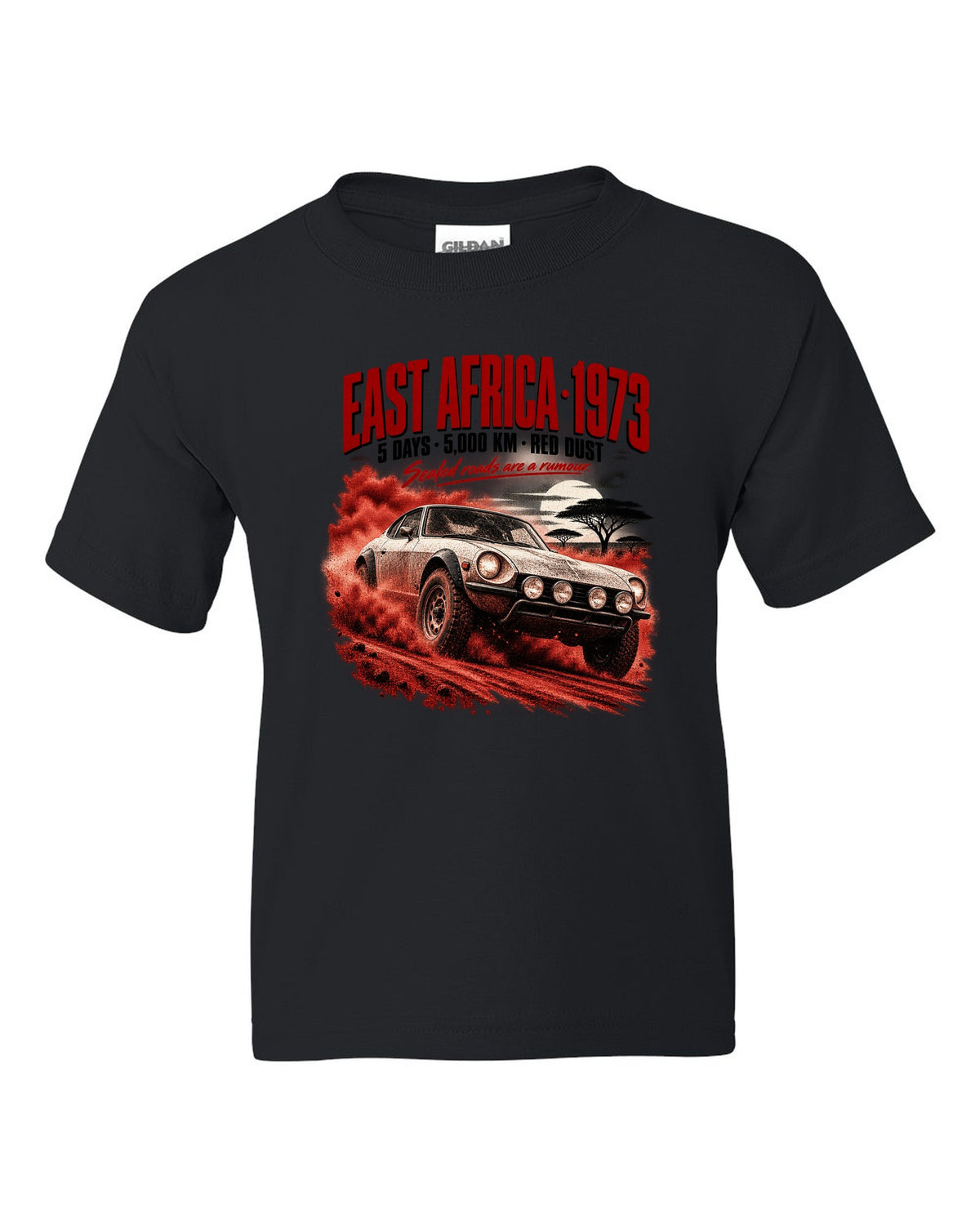 Rally poster print of a 1973 Datsun 240Z S30 rally car for East Africa black kids tee front view with the design