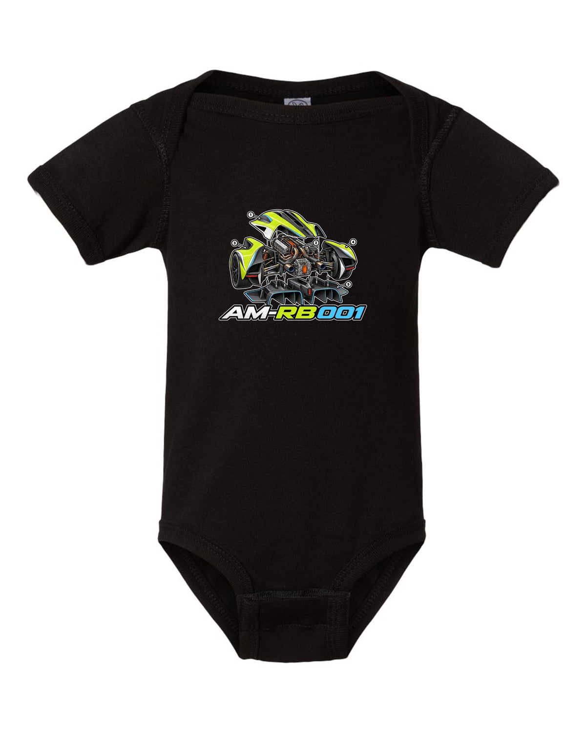 Aston Martin Valkyrie exploded isometric cutaway labelled AM-RB 001 black baby onesie front view with the design