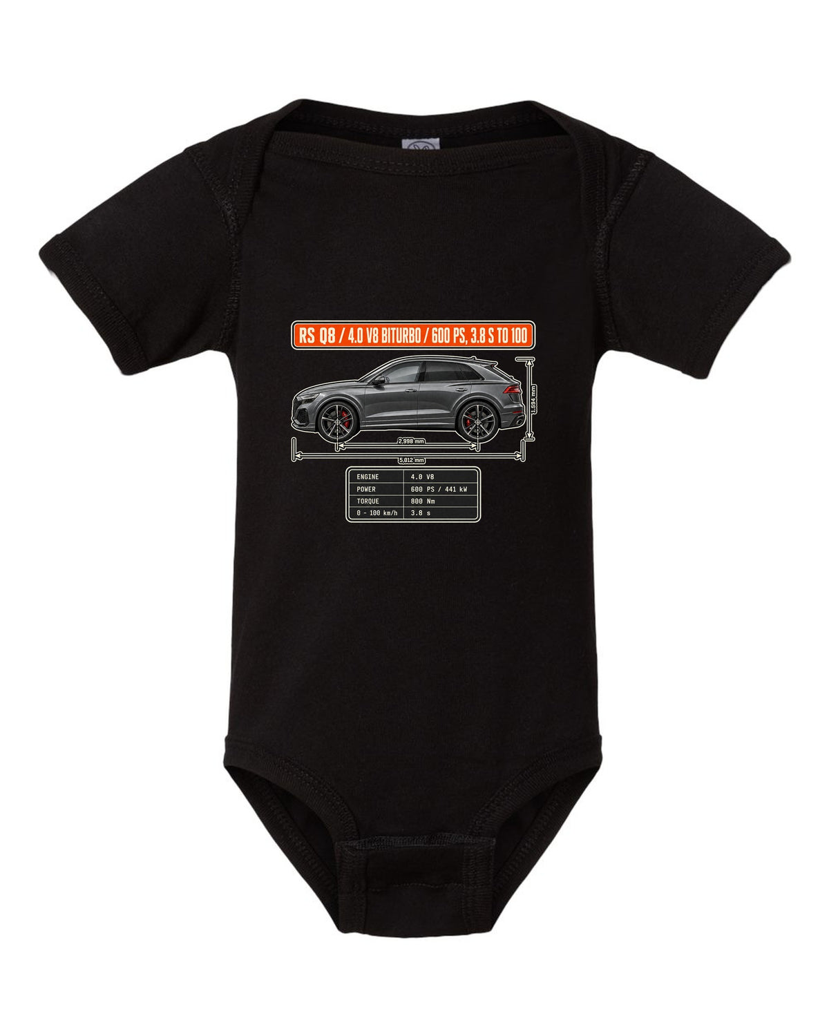 Audi RS Q8 dimension blueprint print with V8 biturbo specs black baby onesie front view with the design