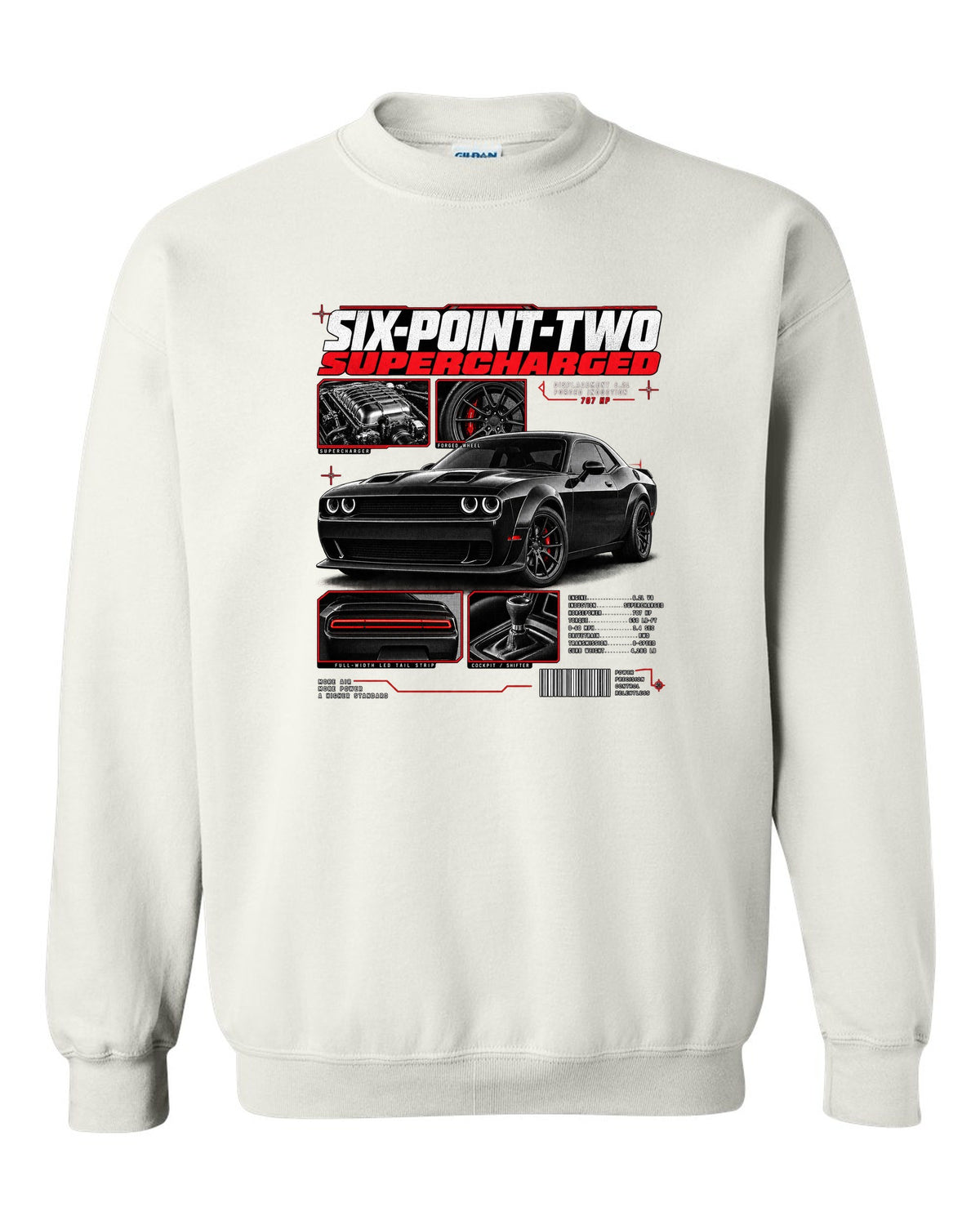 Dossier panel print of a 2018 Dodge Challenger LC/LA with 6.2 supercharged and 707 HP text white crewneck front view with the design