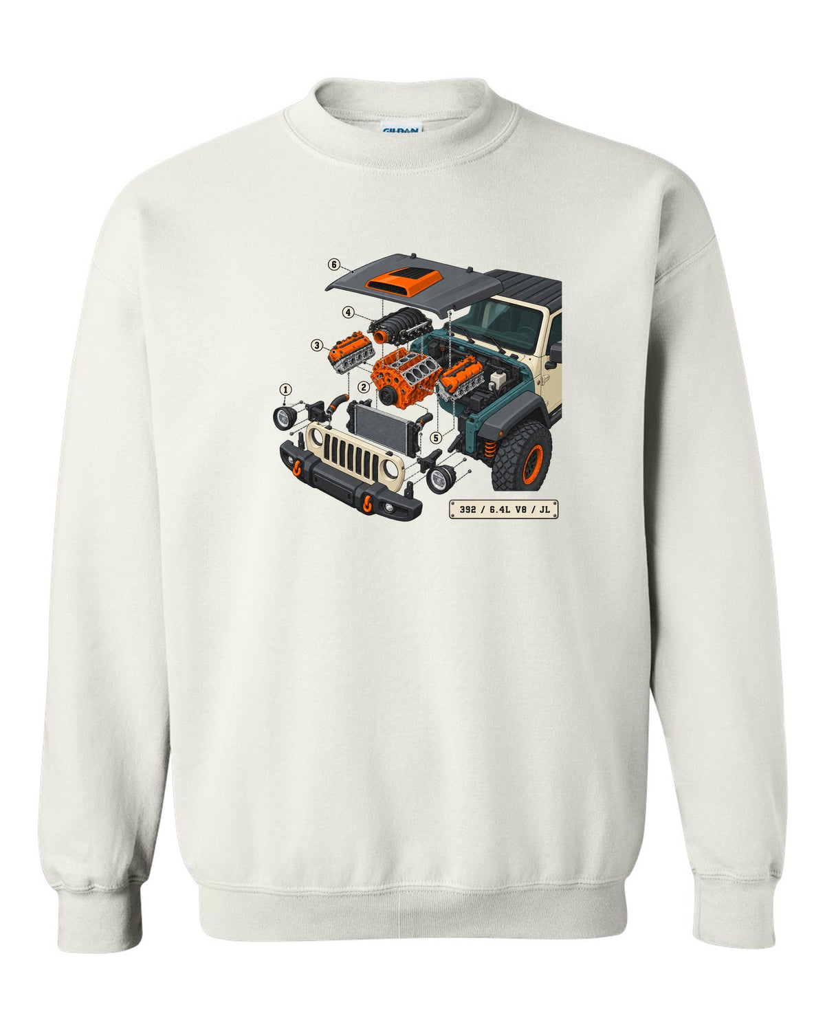 Jeep Wrangler JL Rubicon 392 6.4L V8 isometric exploded engine diagram with callouts white crewneck front view with the design
