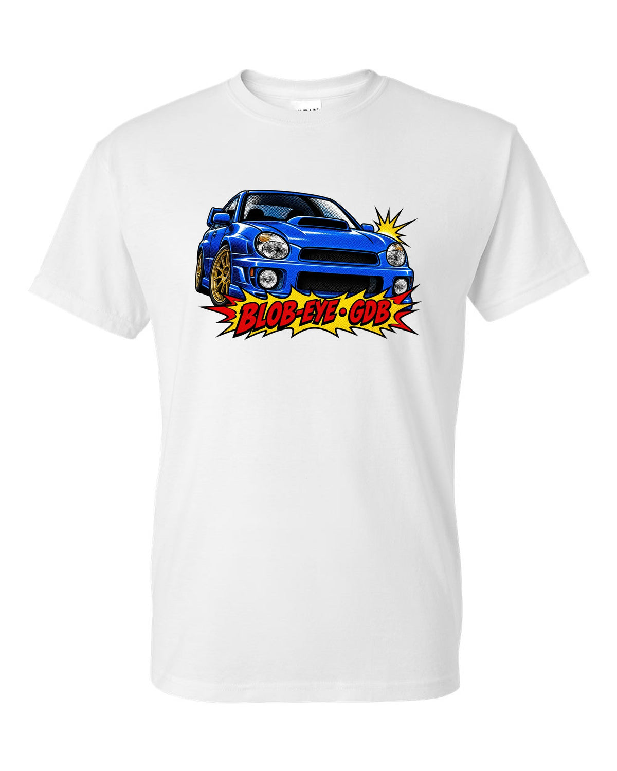 Halftone pop-art print of a Subaru Impreza WRX STI GDB with blob-eye GDB lettering white t-shirt front view with the design