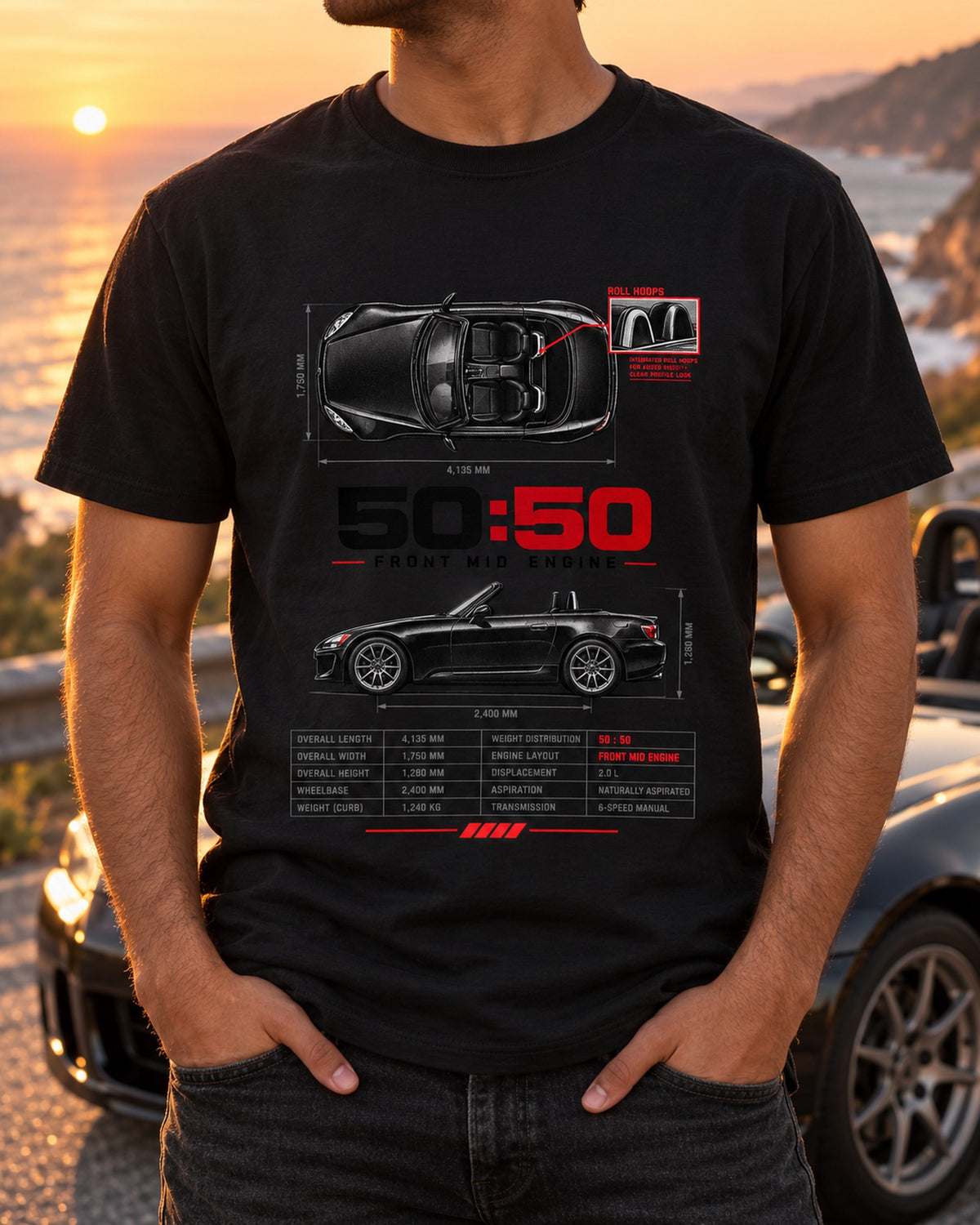 Honda S2000 AP2 50:50 Front Mid Engine Spec Poster Shirt T-Shirt Black worn hero