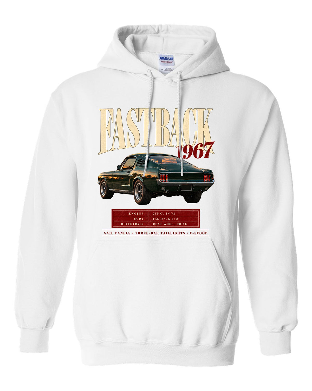 Archive panel illustration of a 1967 Ford Mustang fastback with 289 V8 spec callouts white pull over hoodie front view with the design
