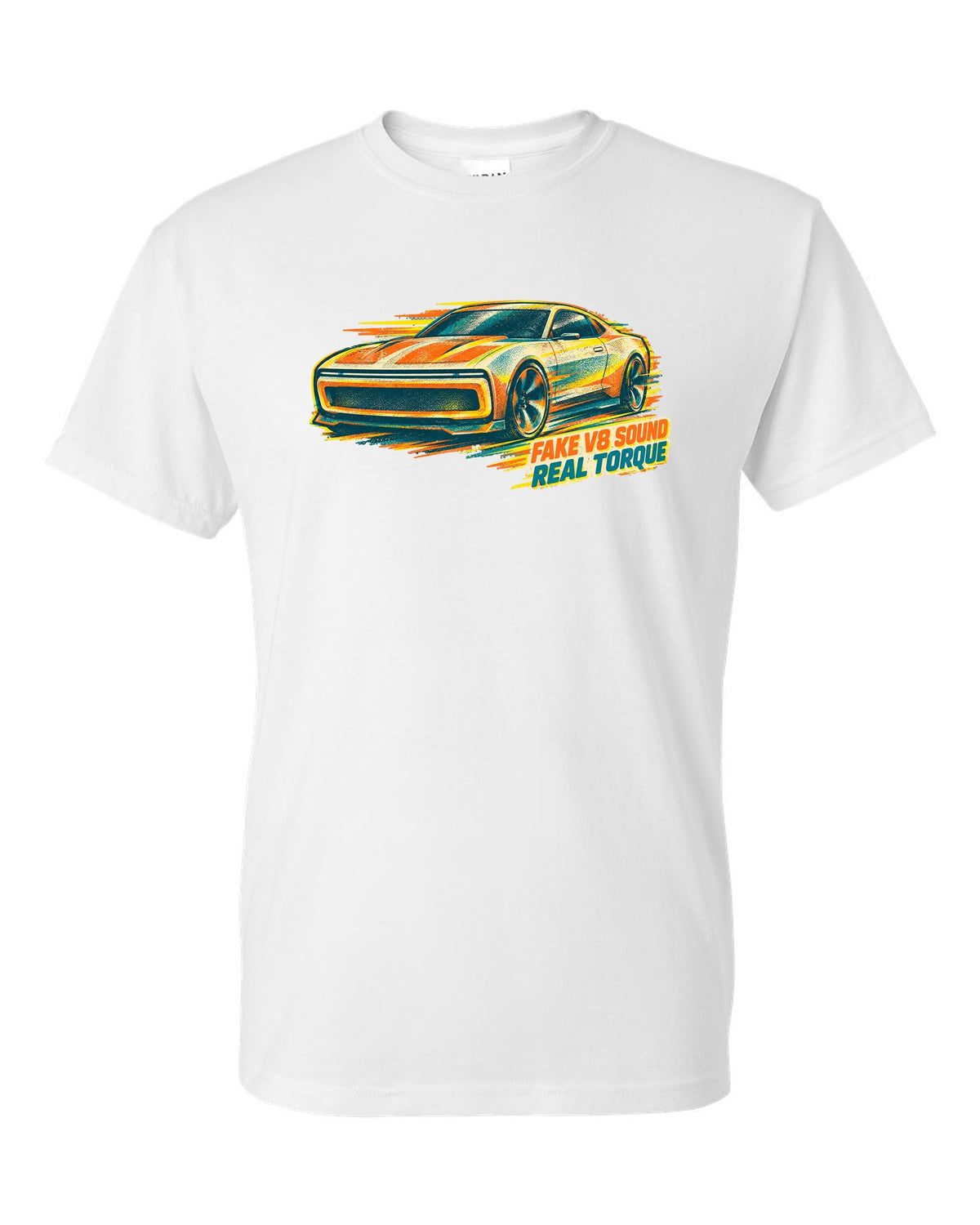 Risograph duotone illustration of a 2024 Dodge Charger Daytona EV white t-shirt front view with the design