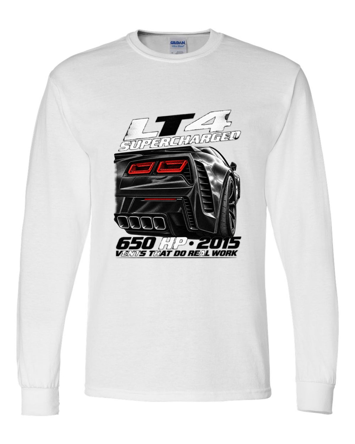 Corvette C7 Z06 rear vents close-up with LT4 650 HP text white long sleeve front view with the design