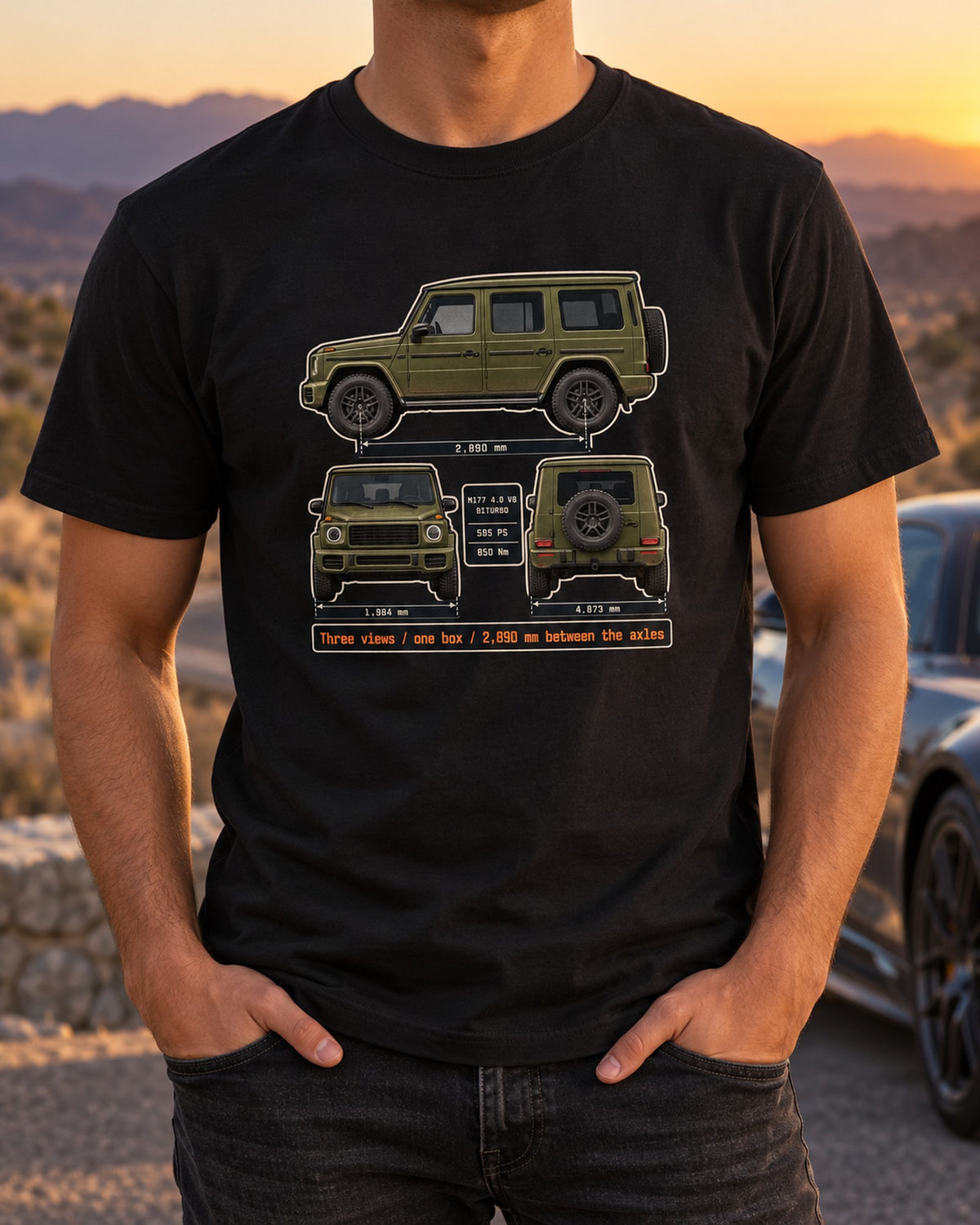 Mercedes-AMG G63 W463A Three-View Dossier Tee, 2,890 mm Wheelbase T-Shirt Black worn hero